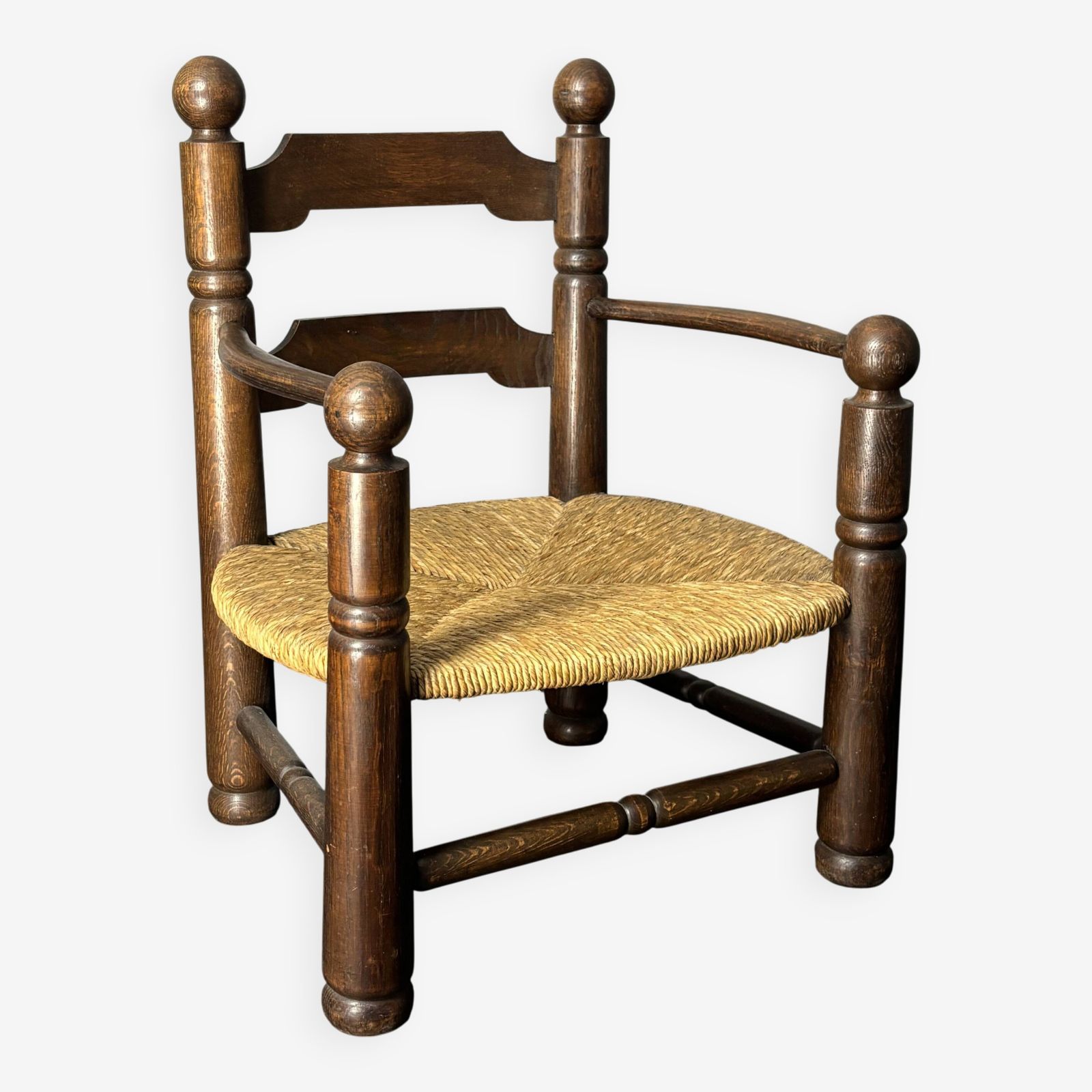 Brutalist French Low Rush Oak Side Armchair By Charles Dudouyt Ca 1940s