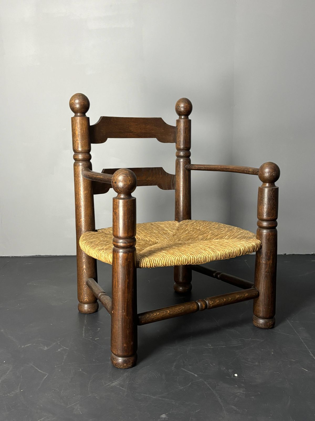 Brutalist French Low Rush Oak Side Armchair By Charles Dudouyt Ca 1940s photo vinterior