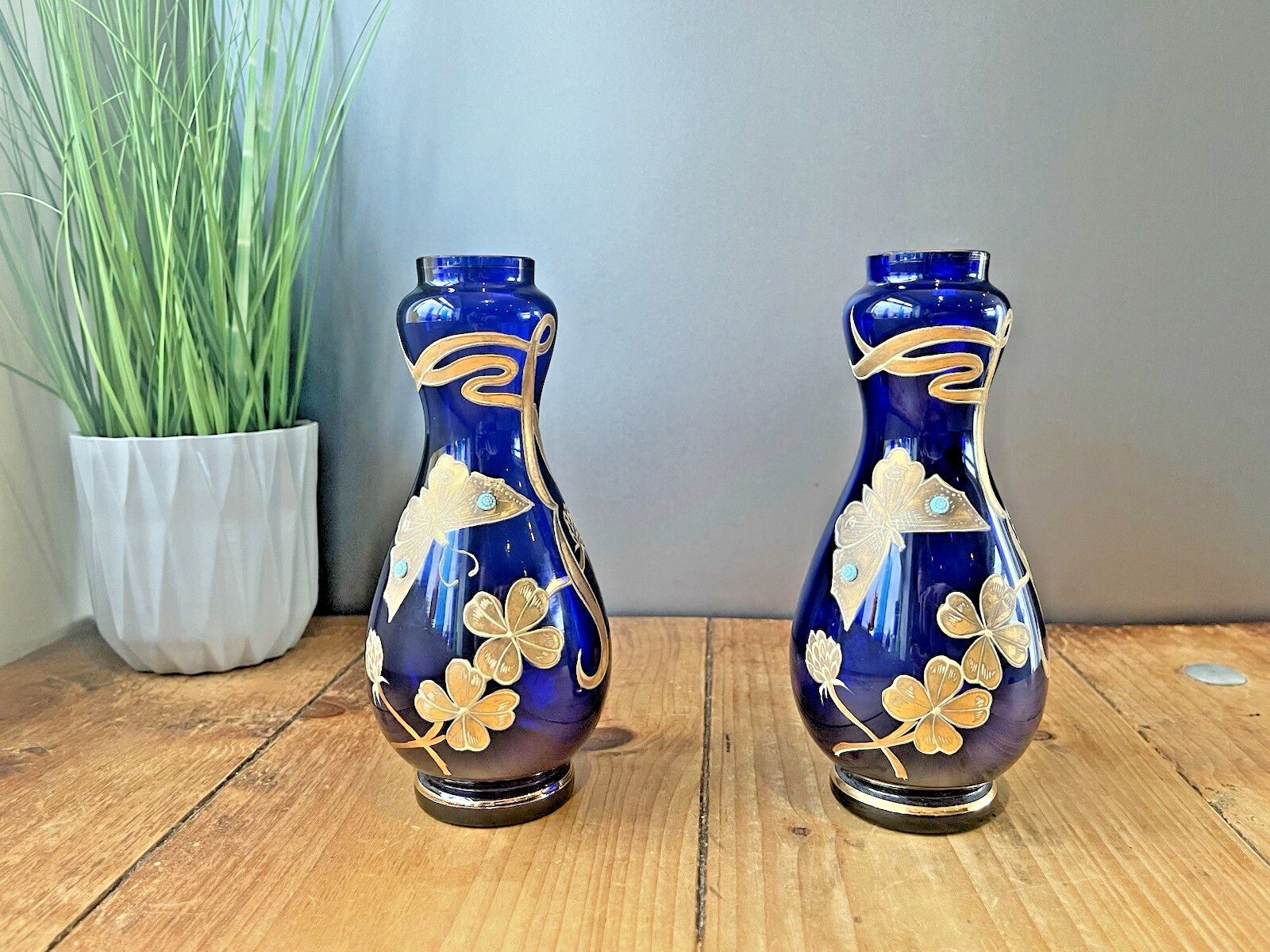 Pair Of Art Nouveau Bohemian Cobalt Gold Overlay Butterfly Vases Carl Goldberg. photo 350.0