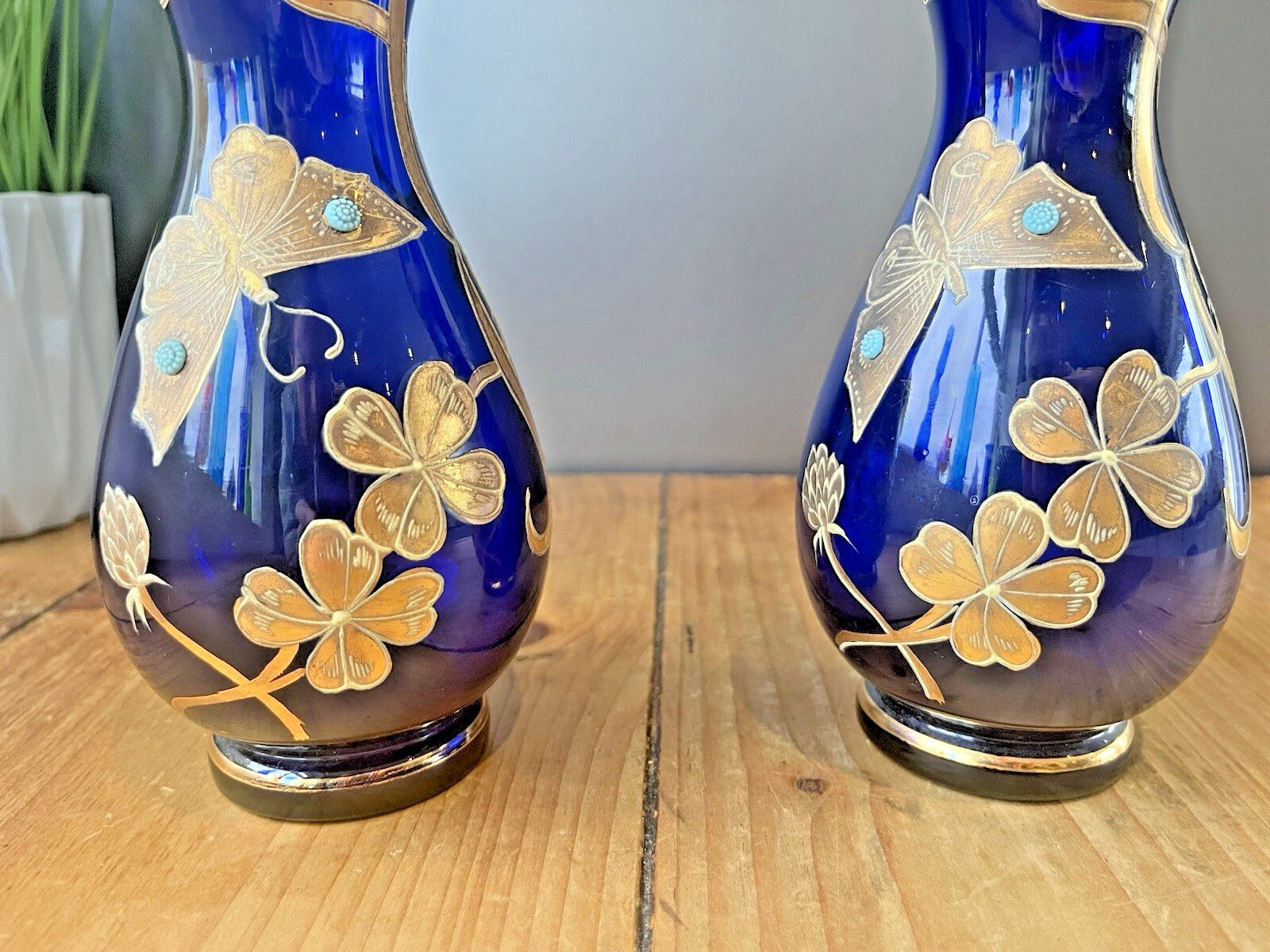 photo furniture Pair Of Art Nouveau Bohemian Cobalt Gold Overlay Butterfly Vases Carl Goldberg.