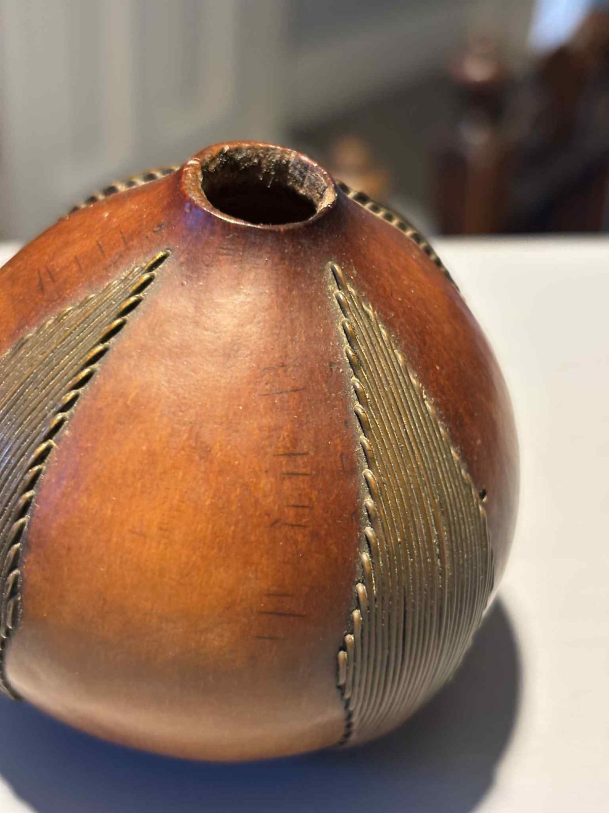Rare Zulu Wire Decorated Gourd Snuff Box.