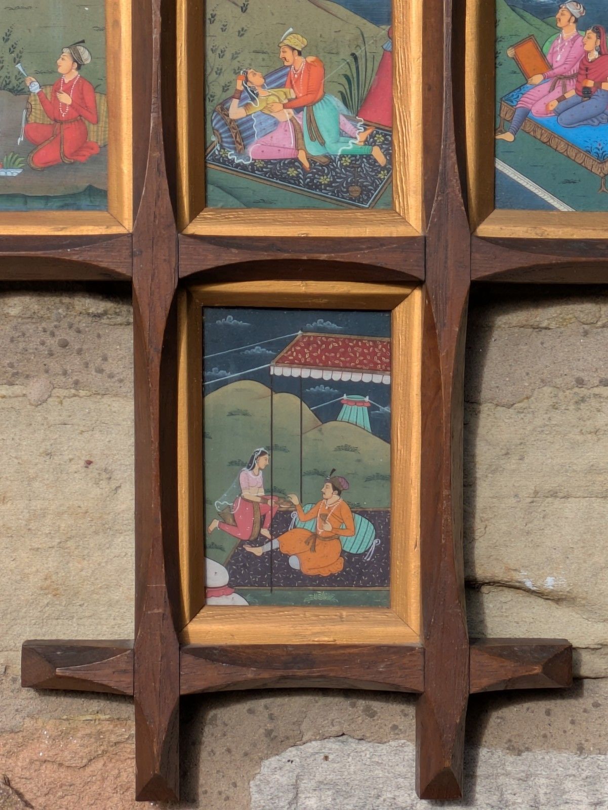 Mughal School Original Gouache Painting Courtly Lovers In Cruciform Frame photo 395.0