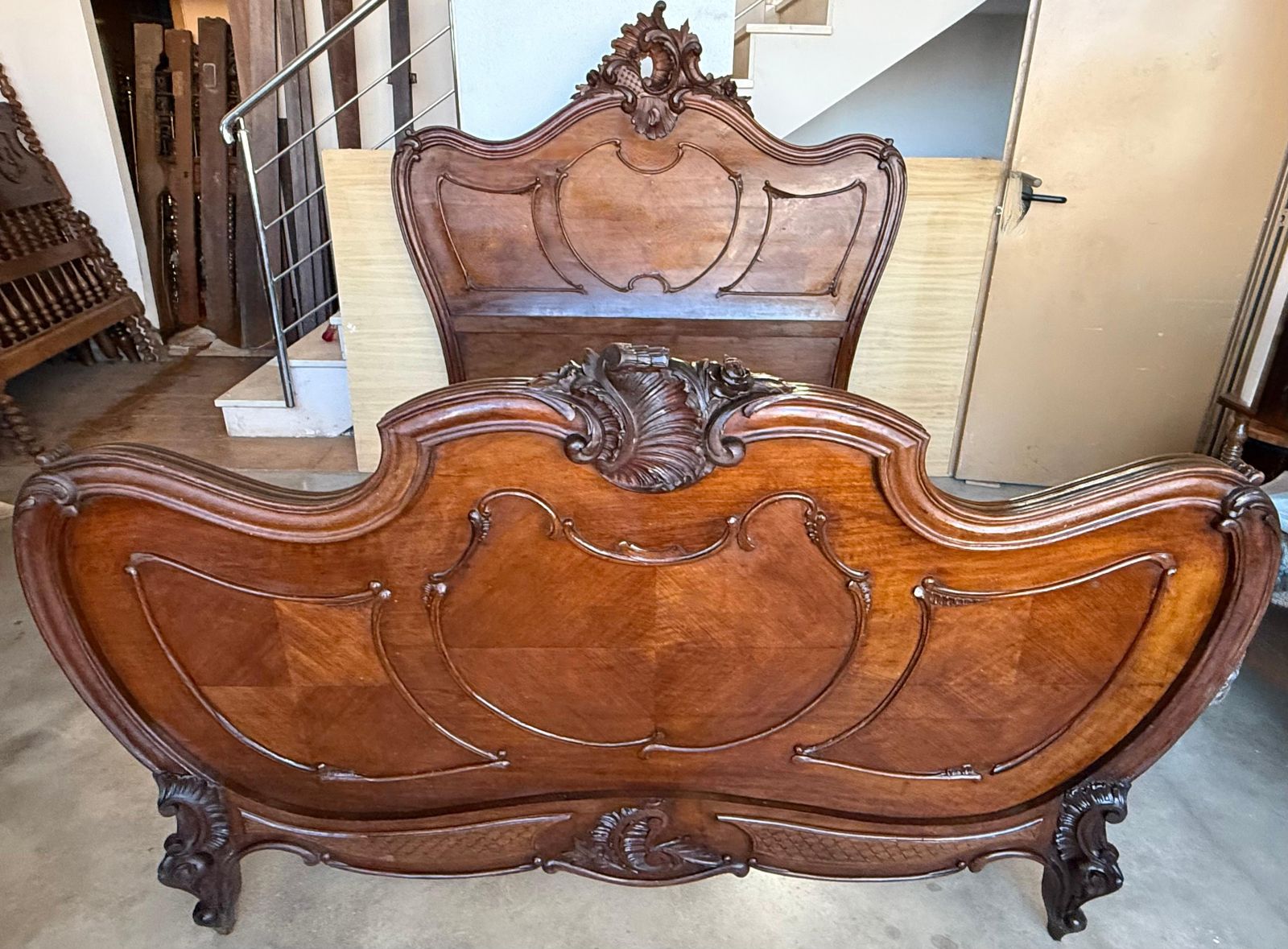 French Louis XVI Style Carved Solid Walnut Full/Queen Size Bed photo vinterior