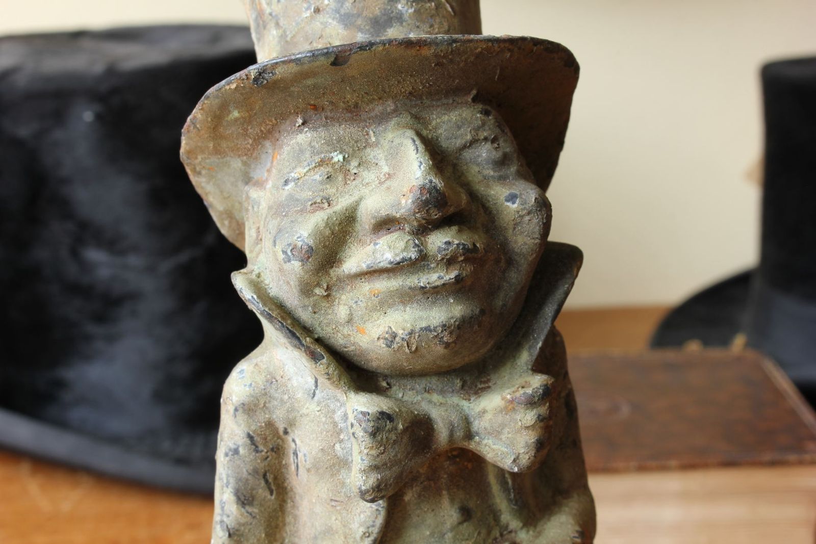 Man In Top Hat Figure. Decorative Patinated Cast Iron Garden Ornament.
