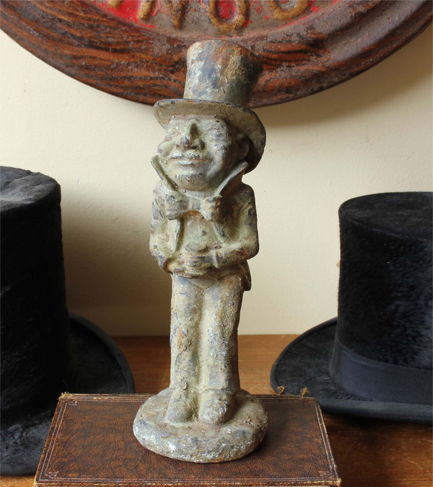 Man In Top Hat Figure. Decorative Patinated Cast Iron Garden Ornament. photo furniture