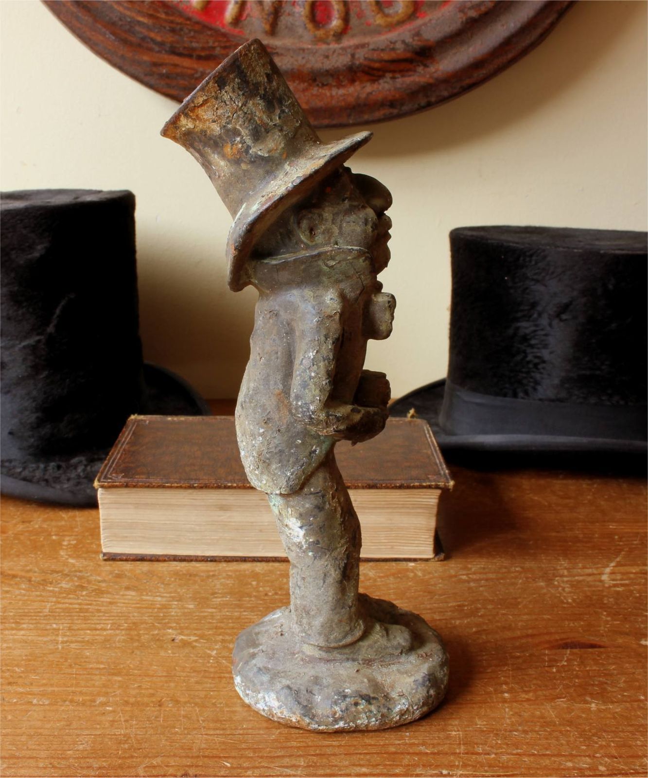 Man In Top Hat Figure. Decorative Patinated Cast Iron Garden Ornament. photo Home Decor