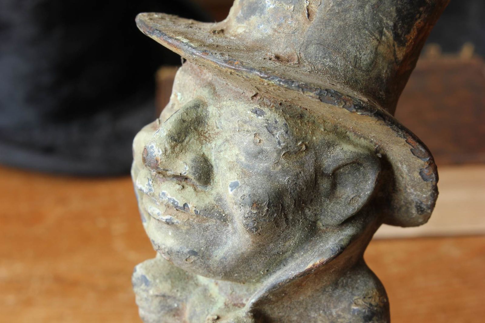 Man In Top Hat Figure. Decorative Patinated Cast Iron Garden Ornament. photo vinterior