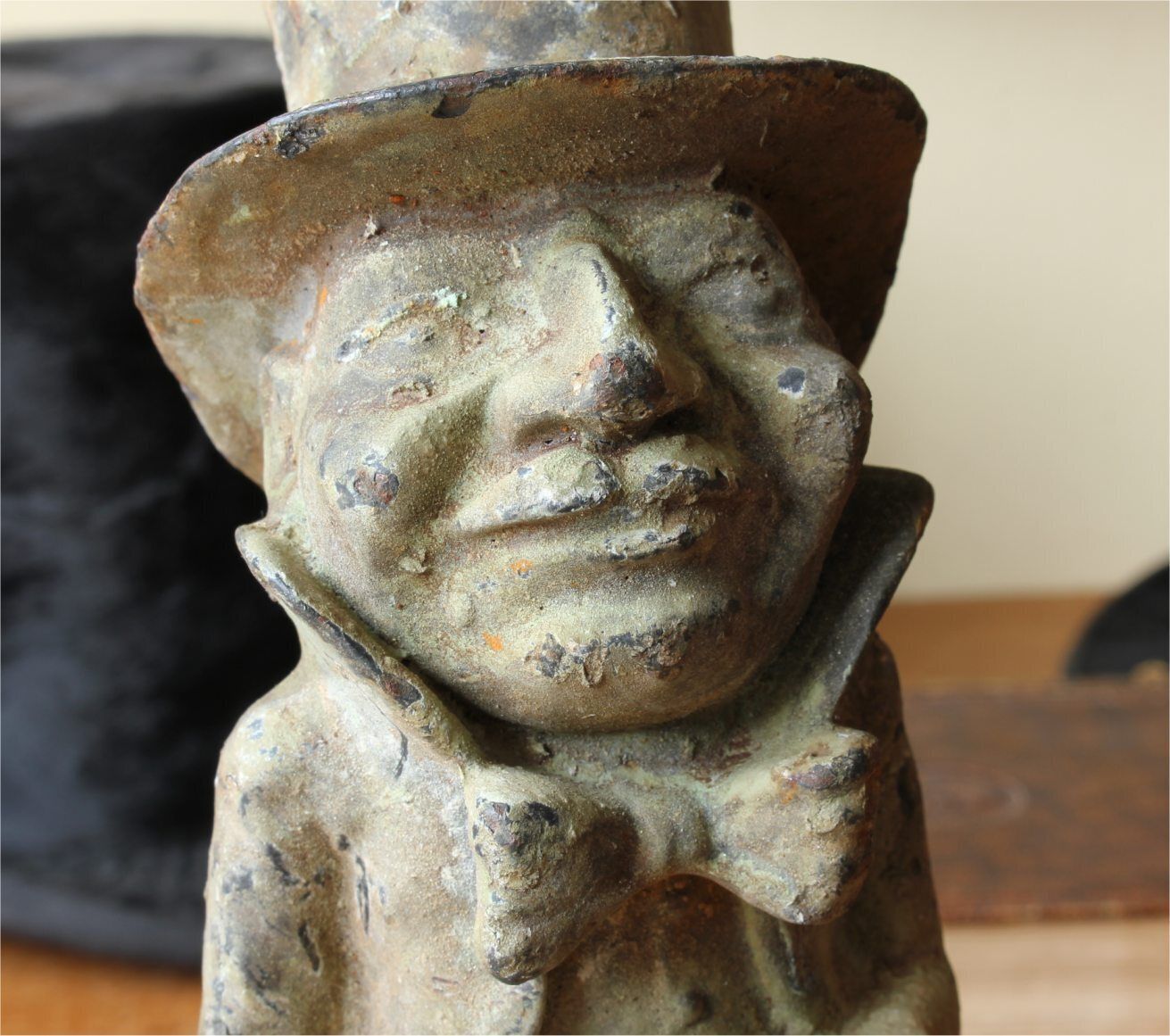 photo buy Man In Top Hat Figure. Decorative Patinated Cast Iron Garden Ornament.