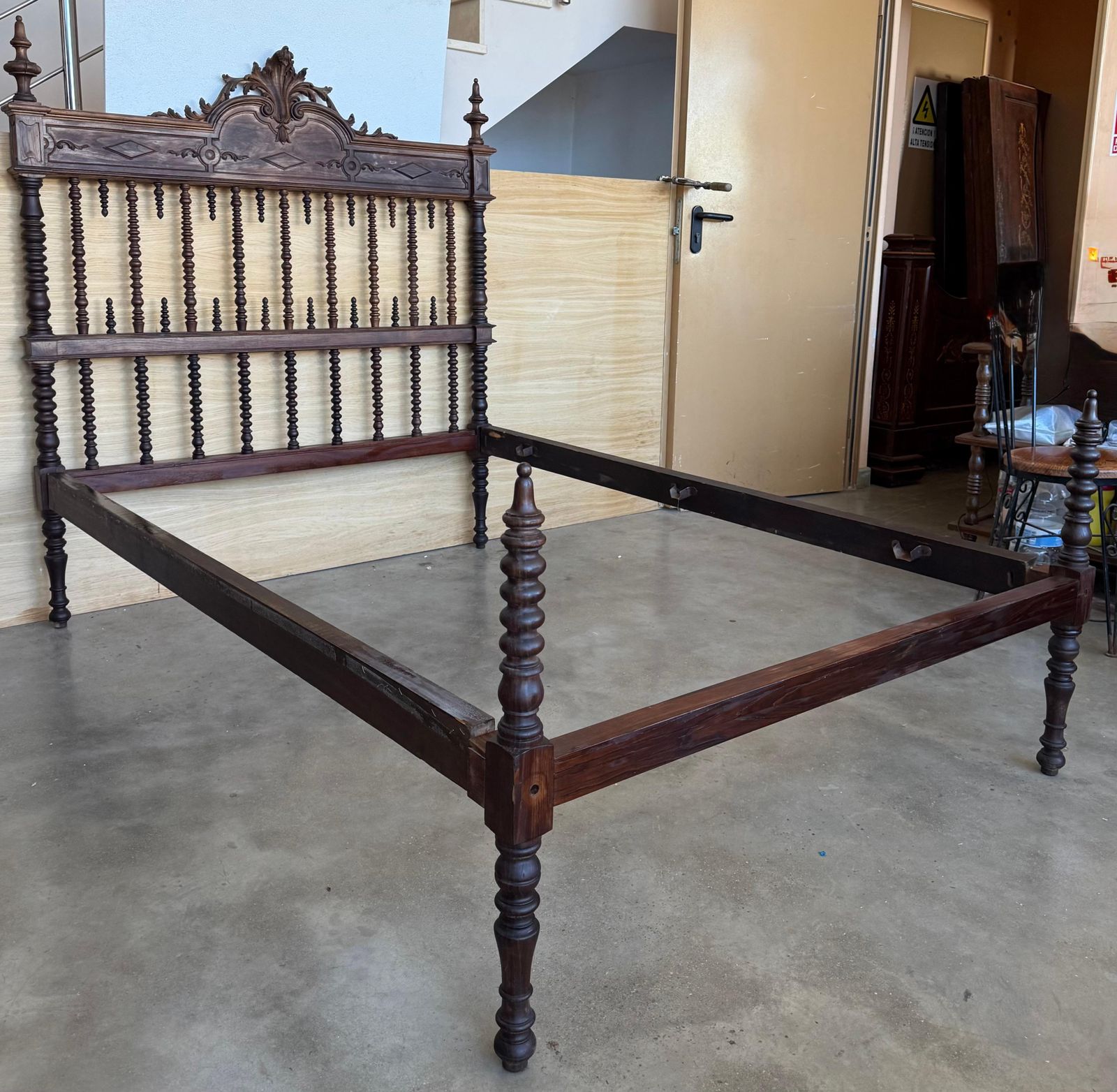 photo for sale Early 20th Carved Medallions Queen Size Bed, Original Four Poster Lisbon Bed