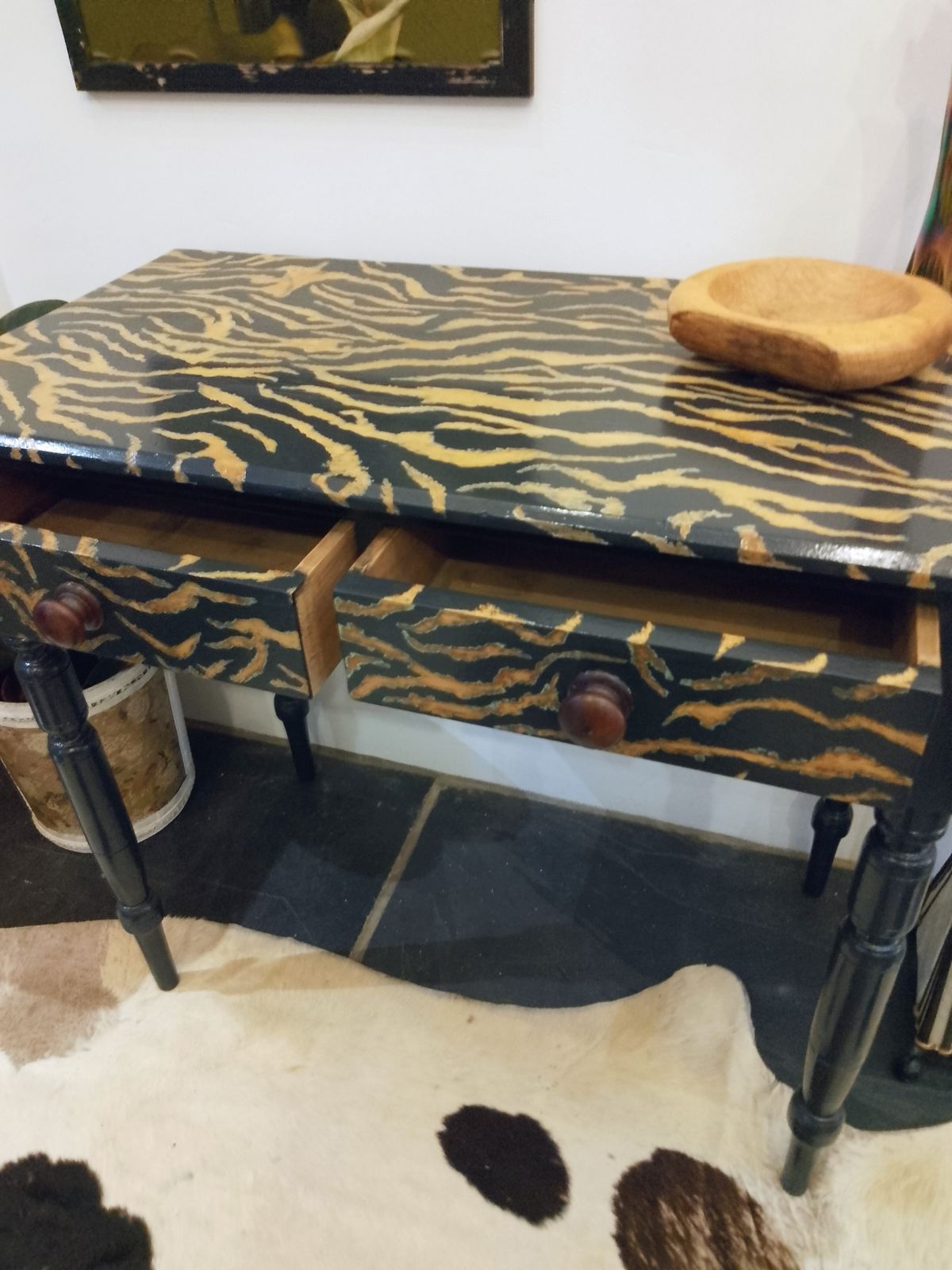 photo for sale Victorian Pitch Pine Console Hand Painted With A Tiger Print Design.