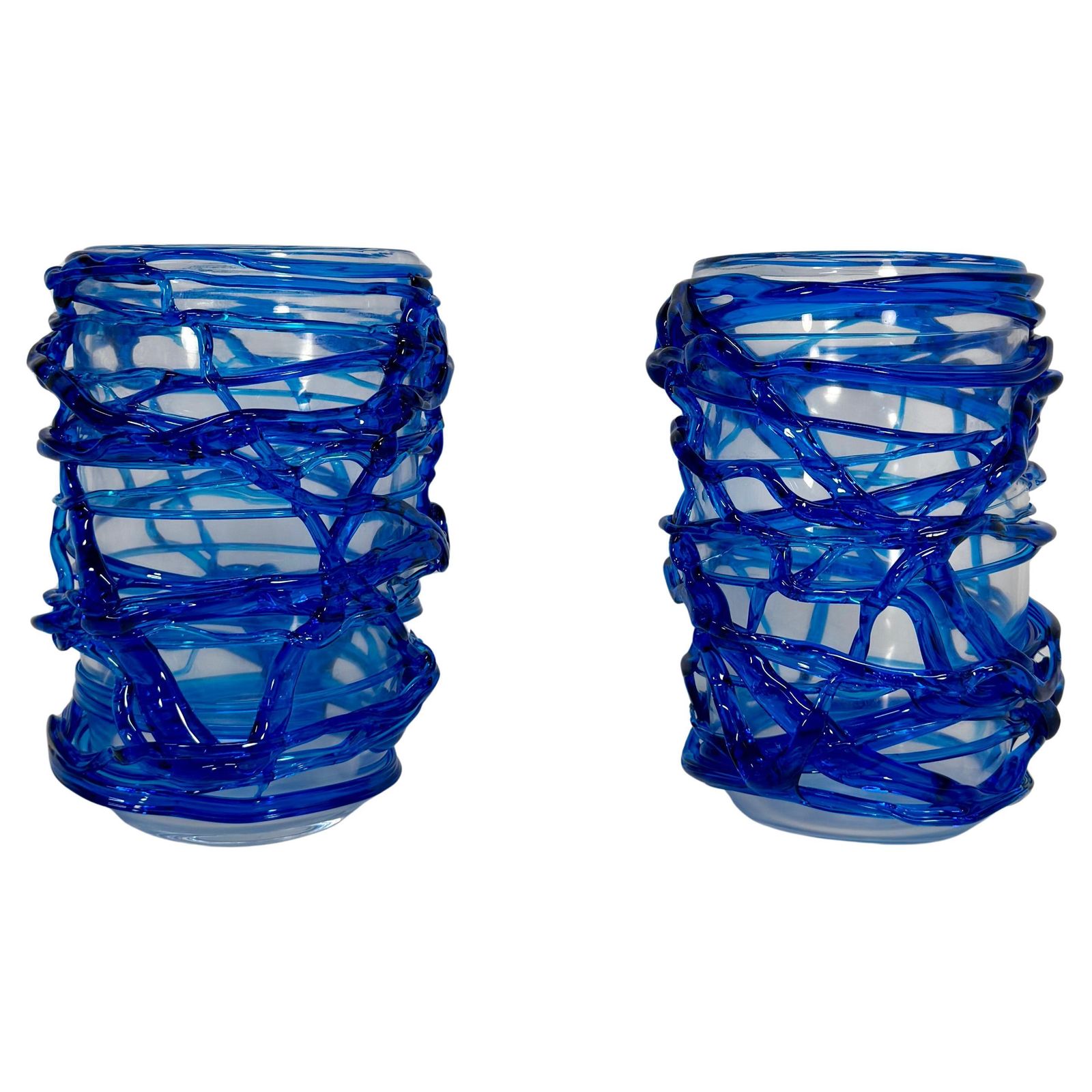 Pair Of Italian Cobalt Blue Murano Glass Vases By Cenedese