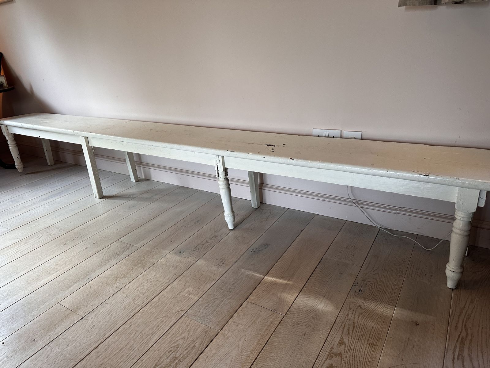 Vintage Extra Long Tack Room Bench In White Wood