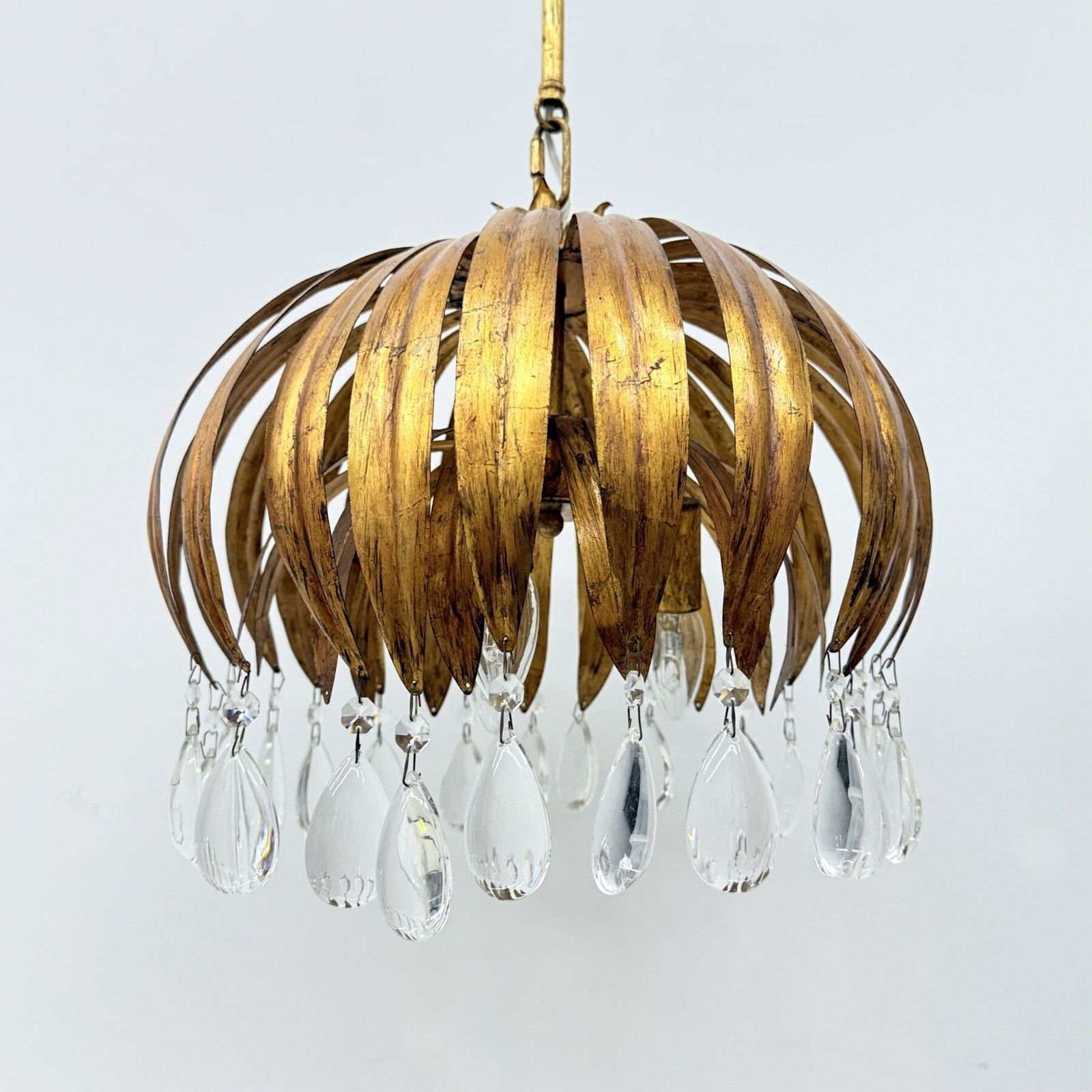 Hollywood Regency Bladeren Hanglamp Met Kristallen, Jaren 1970