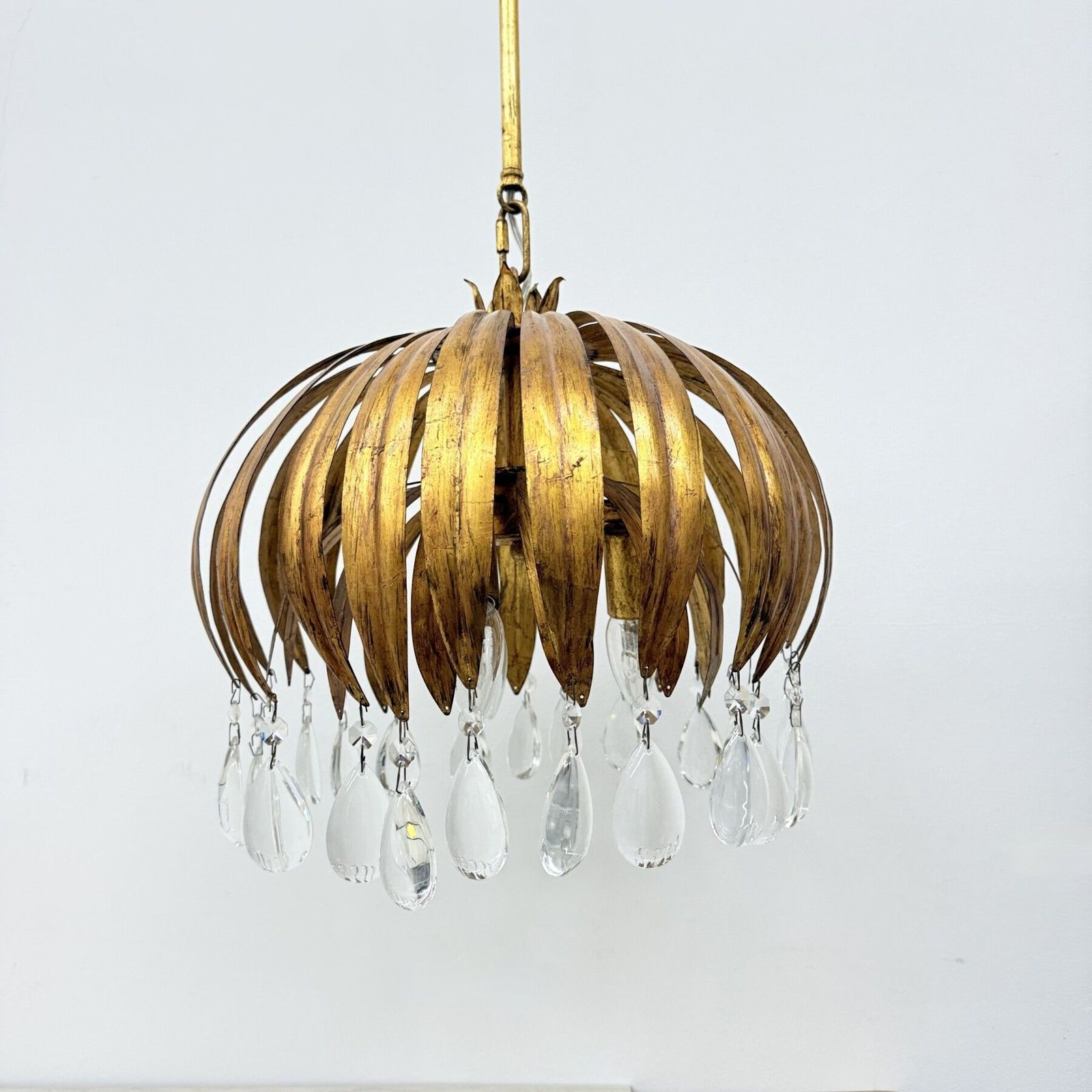 Hollywood Regency Bladeren Hanglamp Met Kristallen, Jaren 1970 photo 191.0