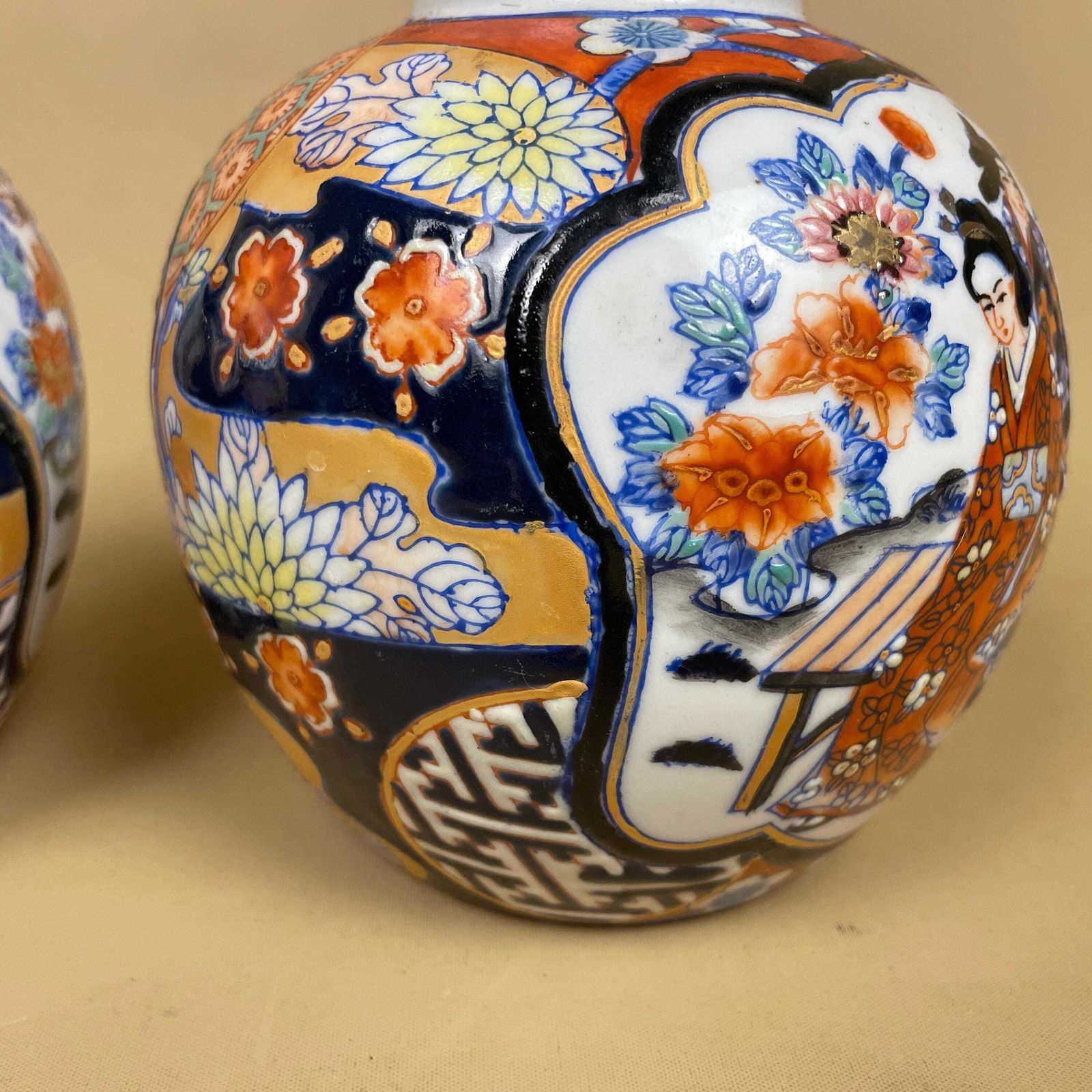 Pair Of Oriental Decorative Vases Ceramic Blue White Round Circle Pots Chinese Vintage Display X2 Ginger Jar Hand Painted Asian photo vinterior