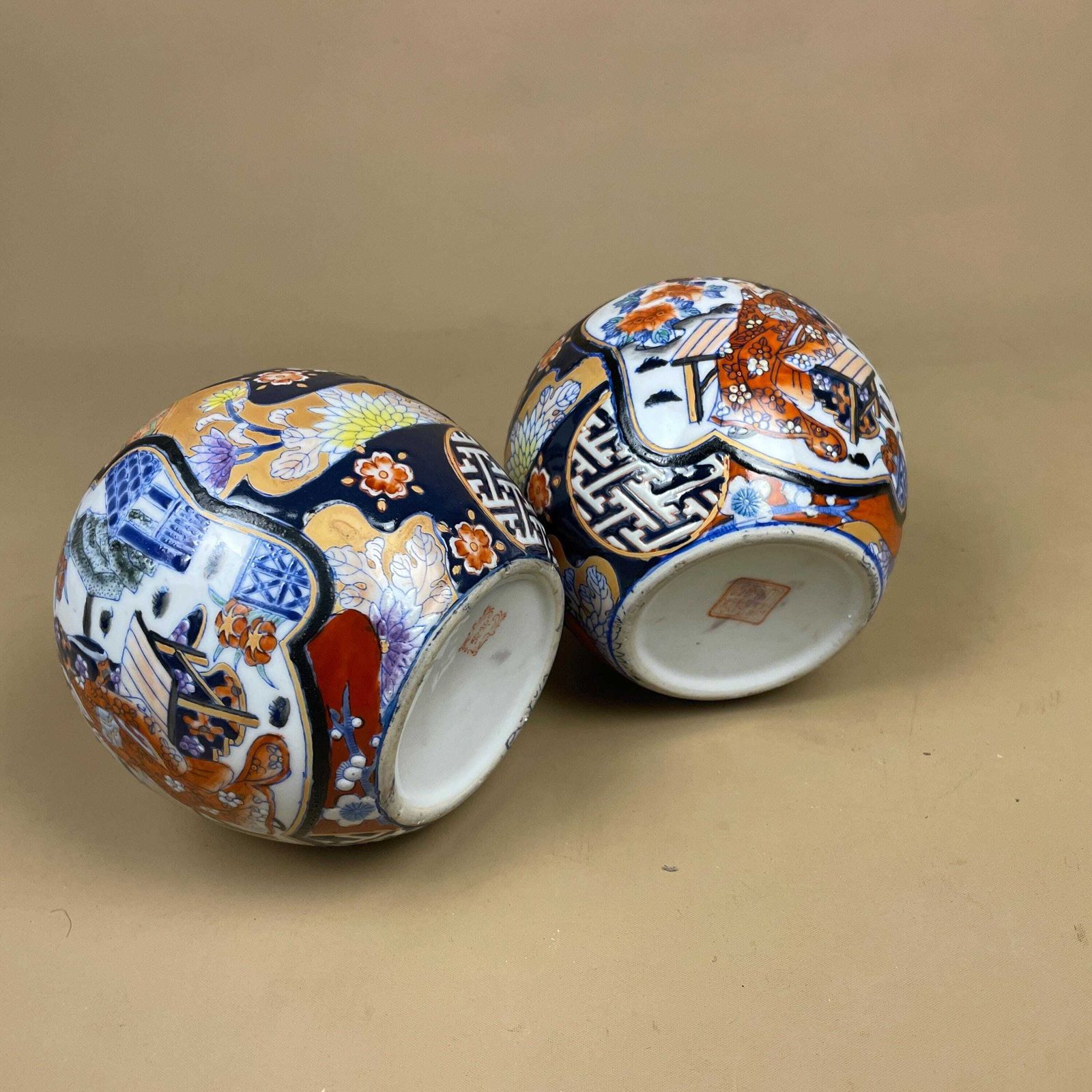 Pair Of Oriental Decorative Vases Ceramic Blue White Round Circle Pots Chinese Vintage Display X2 Ginger Jar Hand Painted Asian photo buy