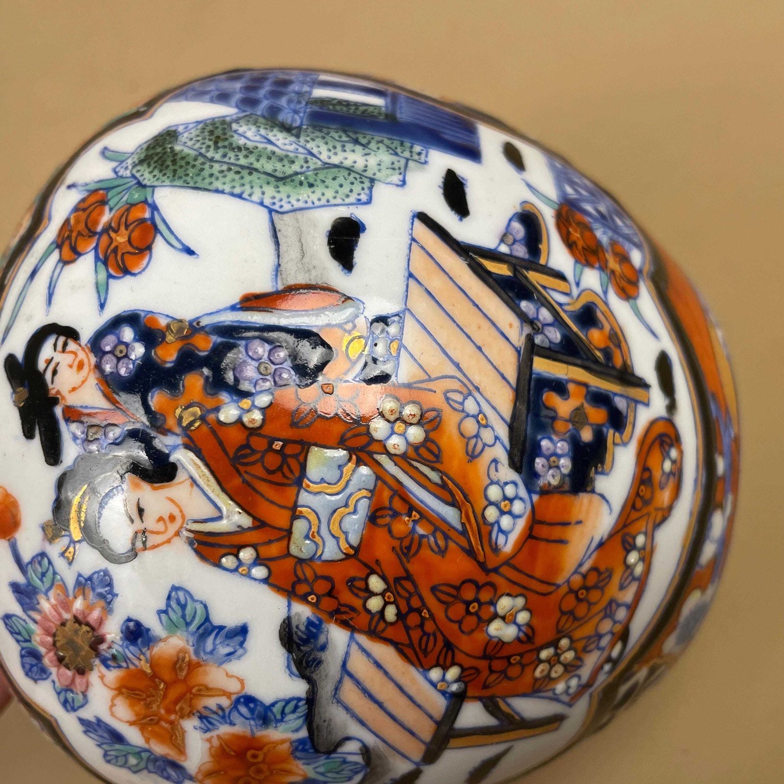 photo for sale Pair Of Oriental Decorative Vases Ceramic Blue White Round Circle Pots Chinese Vintage Display X2 Ginger Jar Hand Painted Asian
