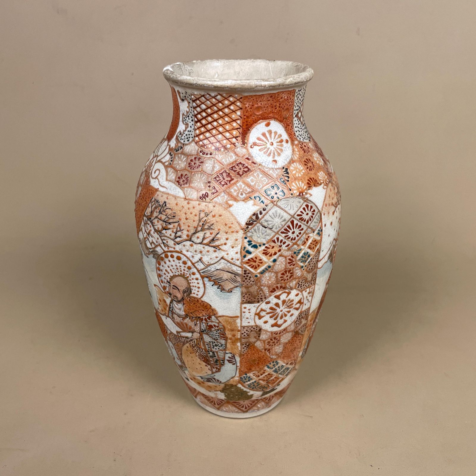 Oriental Antique Decorative Vase Ceramic Orange White Pot Chinese Vintage Display Ginger Jar Hand Painted Asian Old Aged Figures Clay