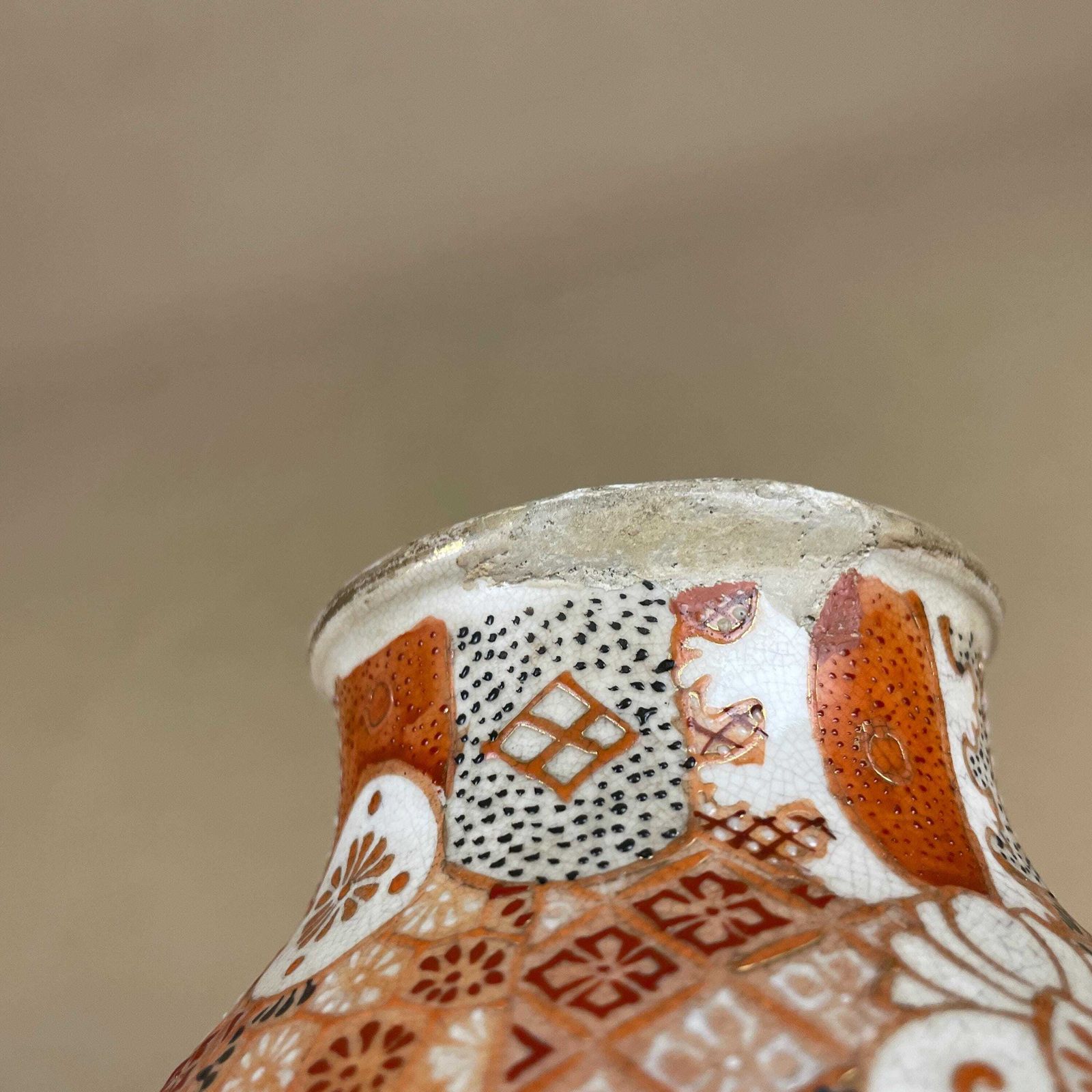 photo for sale Oriental Antique Decorative Vase Ceramic Orange White Pot Chinese Vintage Display Ginger Jar Hand Painted Asian Old Aged Figures Clay