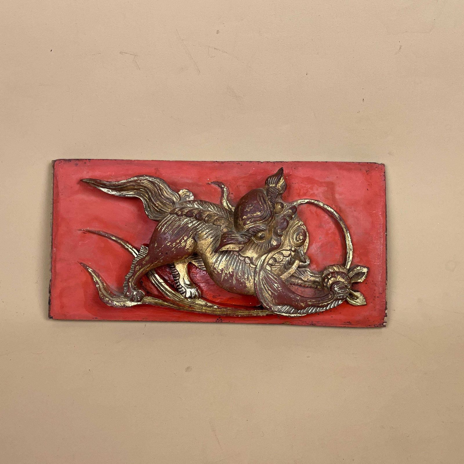Chinese Gilt Wood Carving Qilin Beast Panel Vintage Red Lacquer Art Gold Carved Mythical Creature Asian Wall Decor Architectural Fragment
