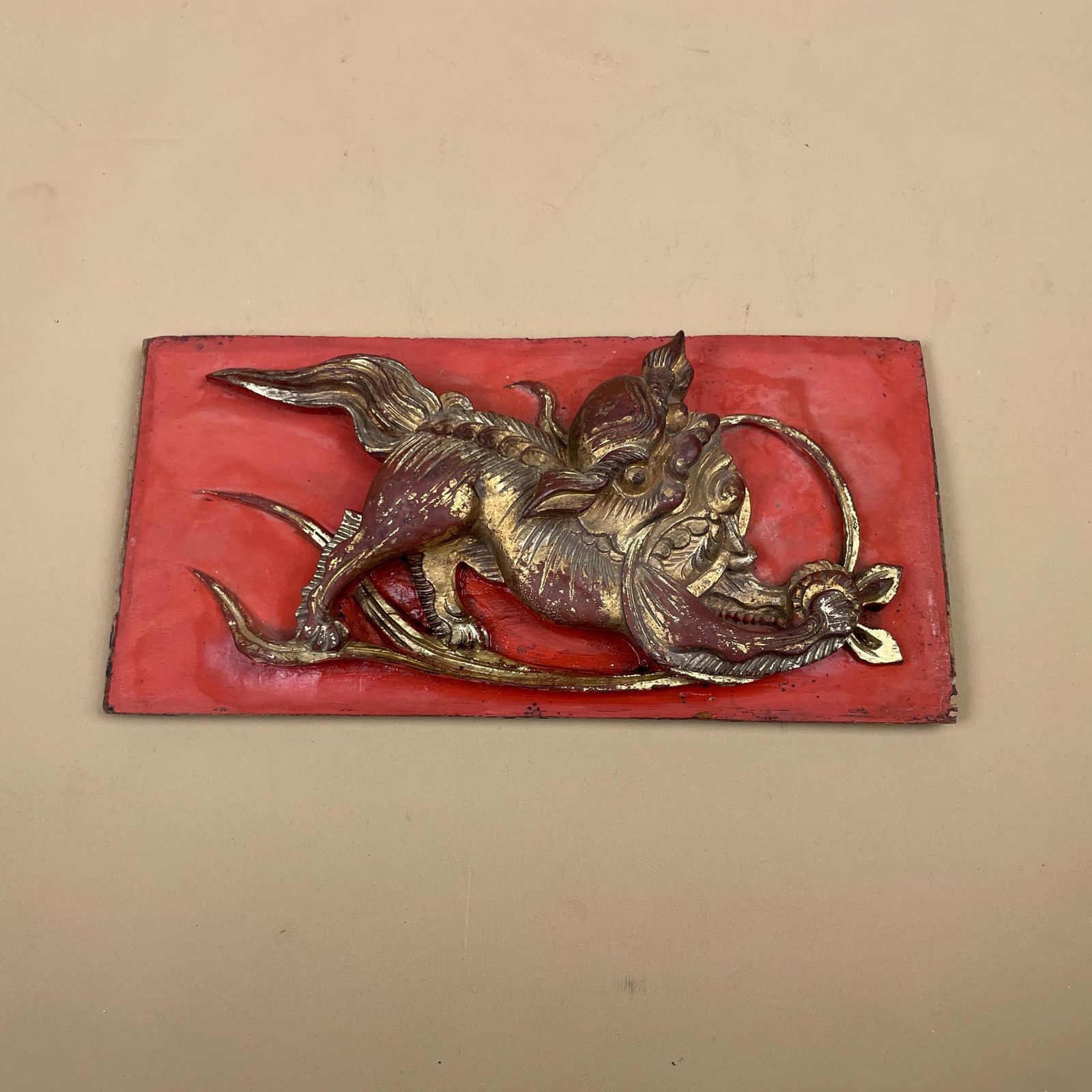 Chinese Gilt Wood Carving Qilin Beast Panel Vintage Red Lacquer Art Gold Carved Mythical Creature Asian Wall Decor Architectural Fragment photo 95.0