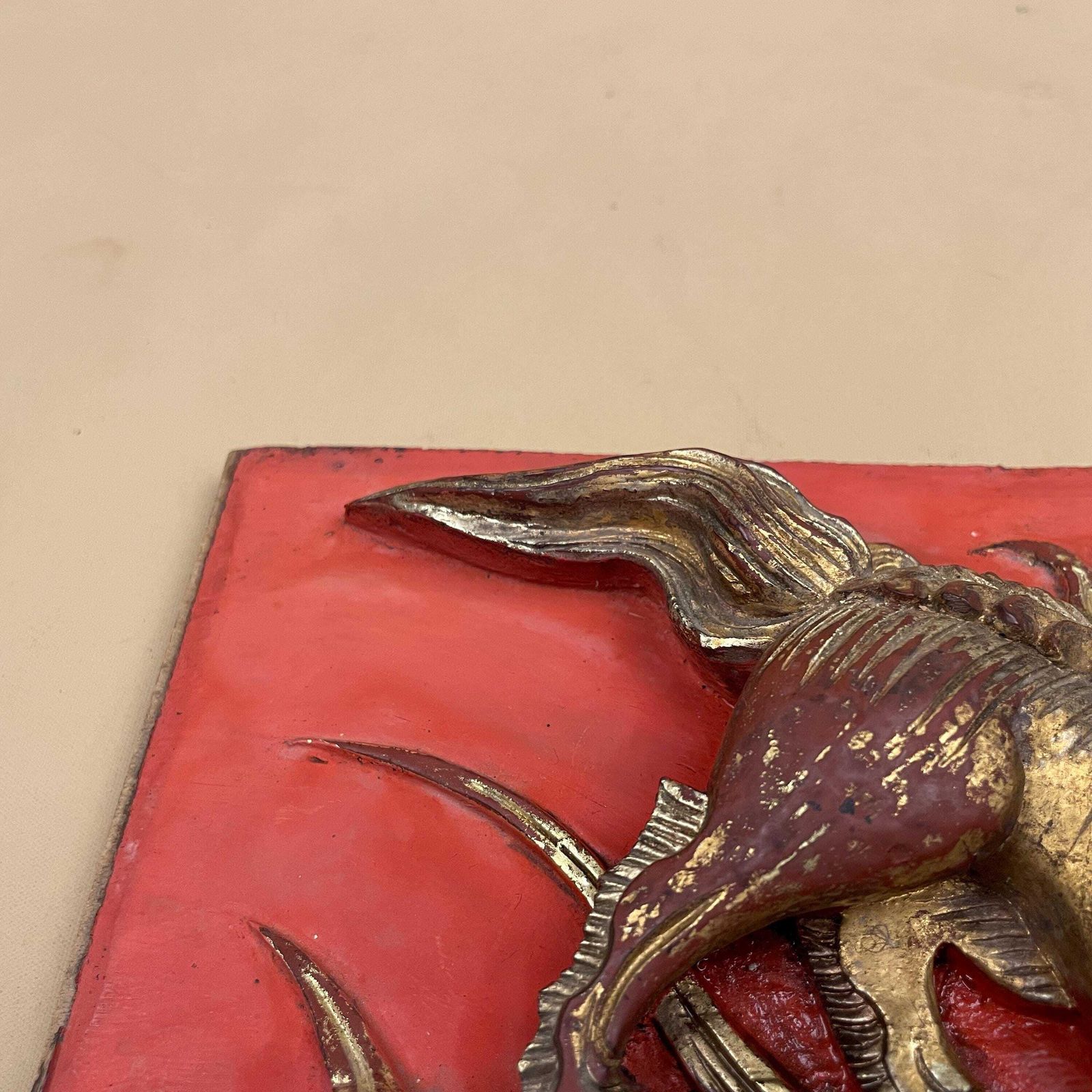 Chinese Gilt Wood Carving Qilin Beast Panel Vintage Red Lacquer Art Gold Carved Mythical Creature Asian Wall Decor Architectural Fragment photo buy