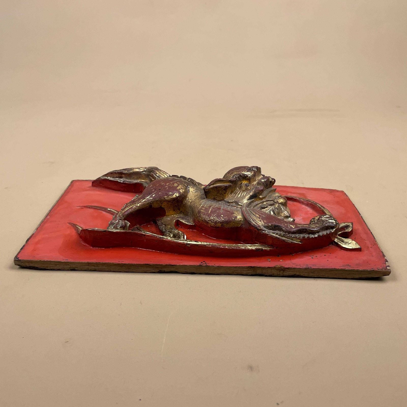 Chinese Gilt Wood Carving Qilin Beast Panel Vintage Red Lacquer Art Gold Carved Mythical Creature Asian Wall Decor Architectural Fragment photo vintage