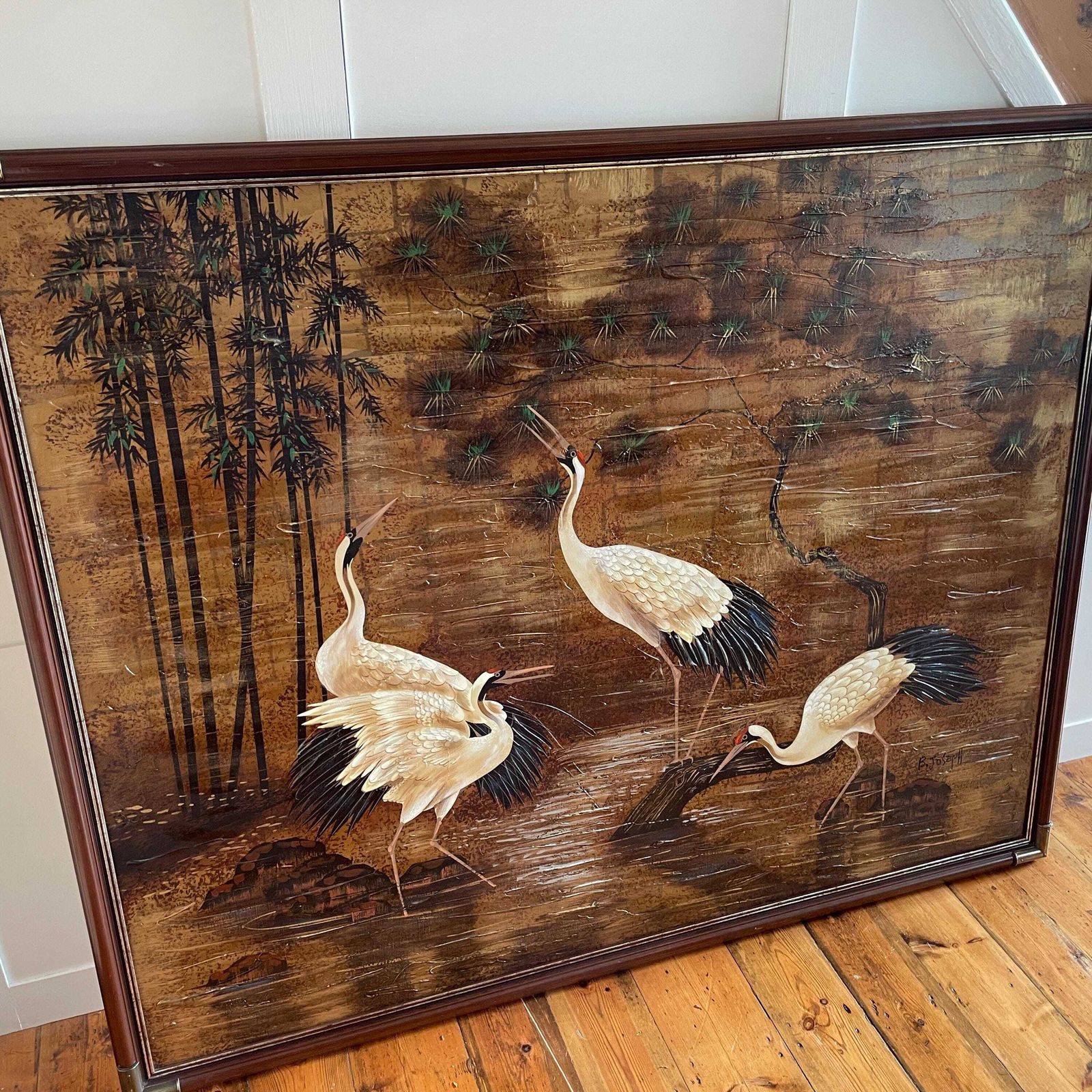 Large Cranes On The River Painting Canvas Art Signed B Joseph Asian Style Birds Bamboo Textured Mixed Media Artwork Picture 161x130cm photo furniture