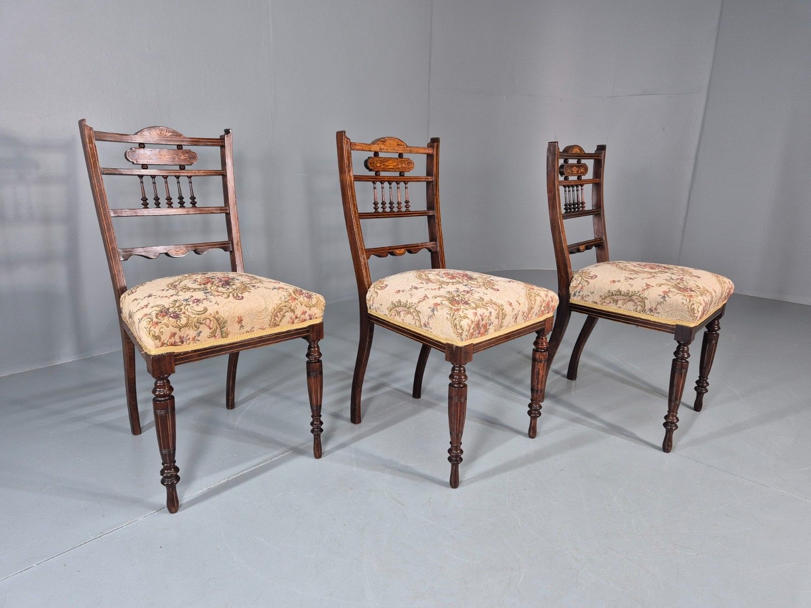 225.0 3 Antique Saloon Chairs Rosewood Frame Floral Seats Inlay Victorian Eb10990 Vdin photo