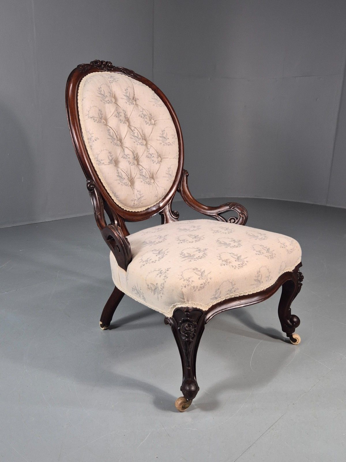Victorian Balloon Back Nursing Chair Mahogany Carved Frame 1880s Eb10989 Vcar photo for sale