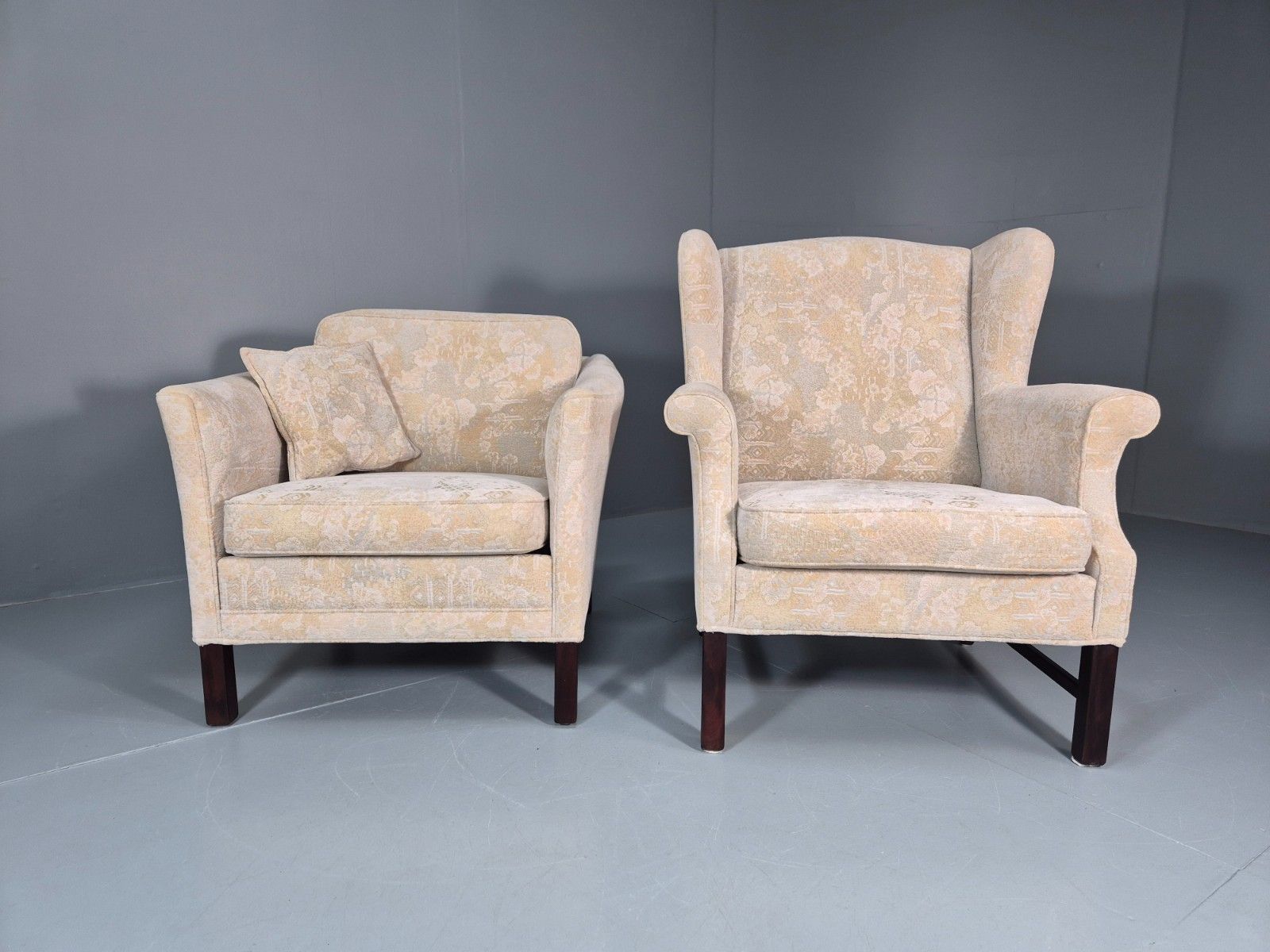 2 1970s Retro Lounge Chairs Danish Floral Cream Upholstery Eb10764 Vclo photo for sale