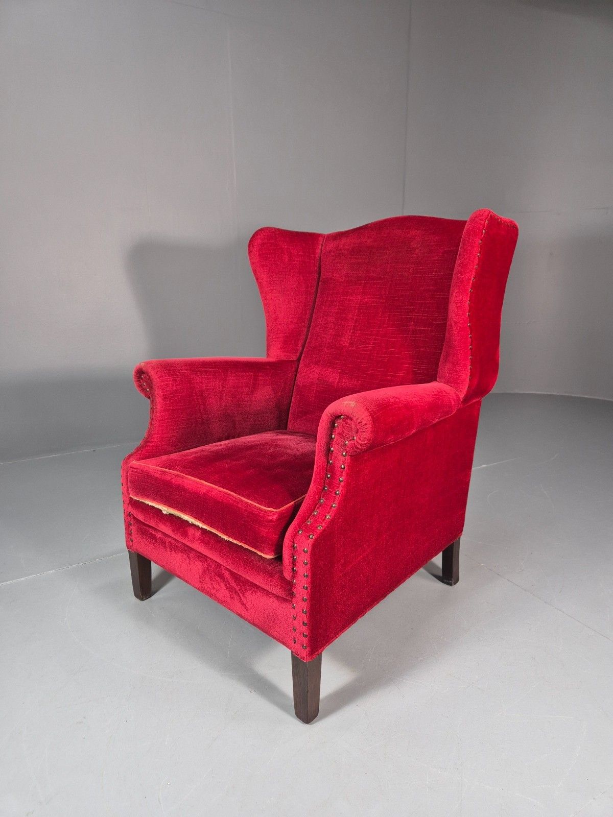 Wing Back Lounge Chair Red Velour Danish 1960s Georgian Style Eb10754 Vclo