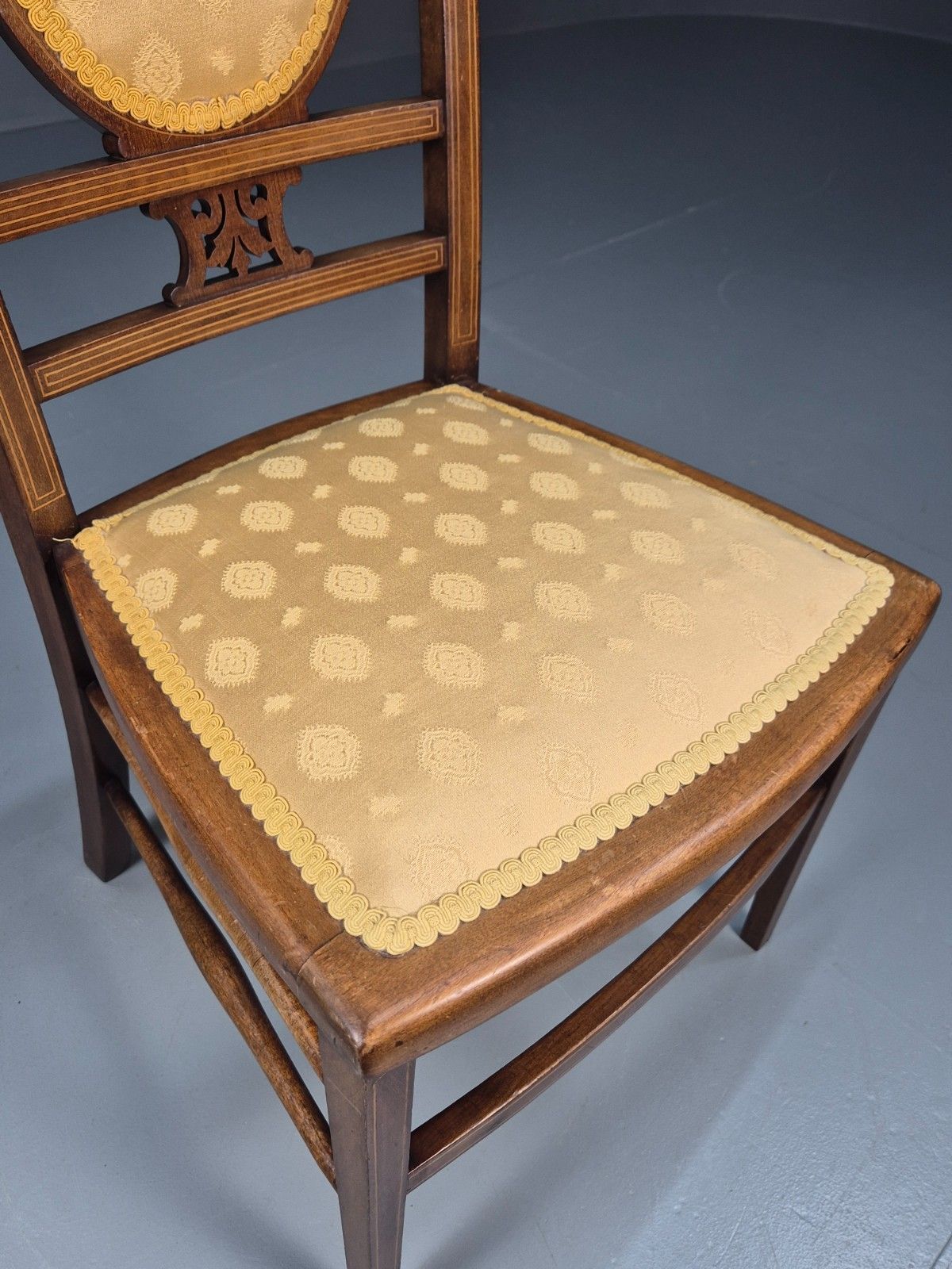 60.0 Antique Edwardian Dining Chair Mahogany Inlay Gold Upholstery  Eb10716 Vdin photo
