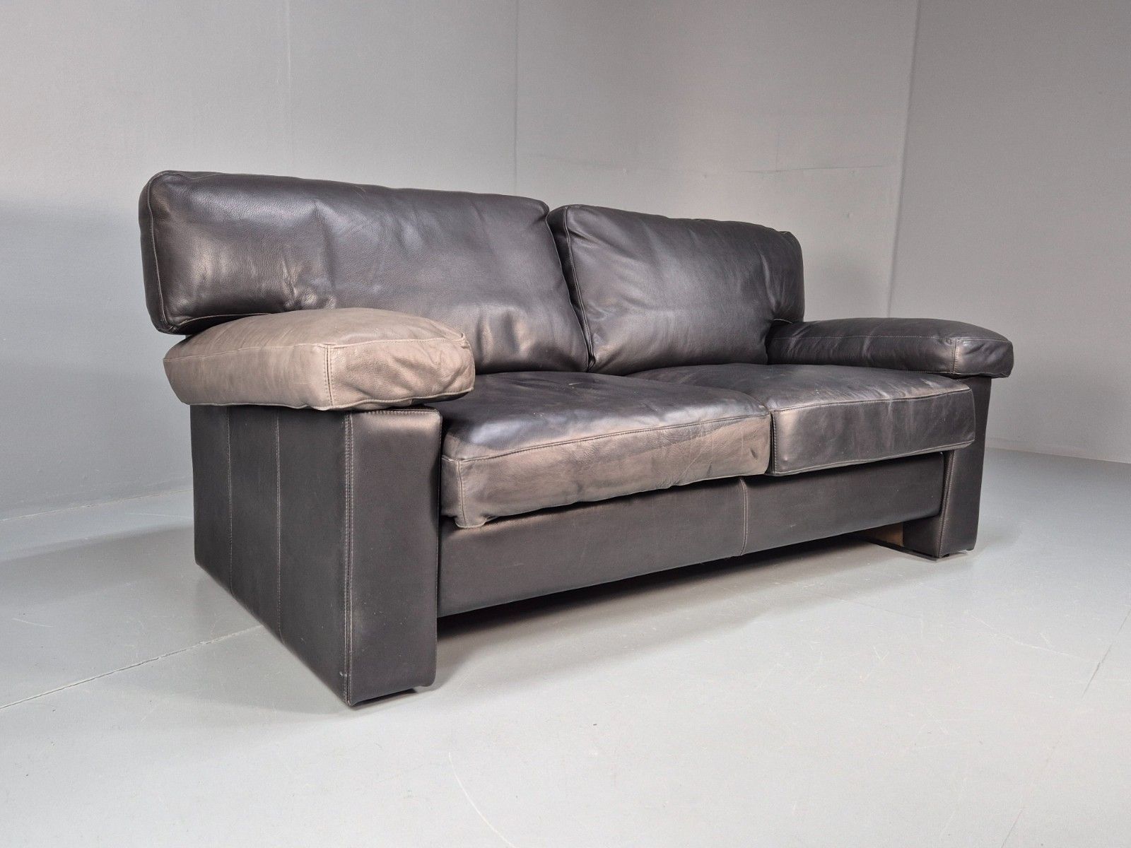 1980s Two Seater Sofa Faded Black Leather Boxy Style Retro Danish Eb10714 M2ss photo furniture