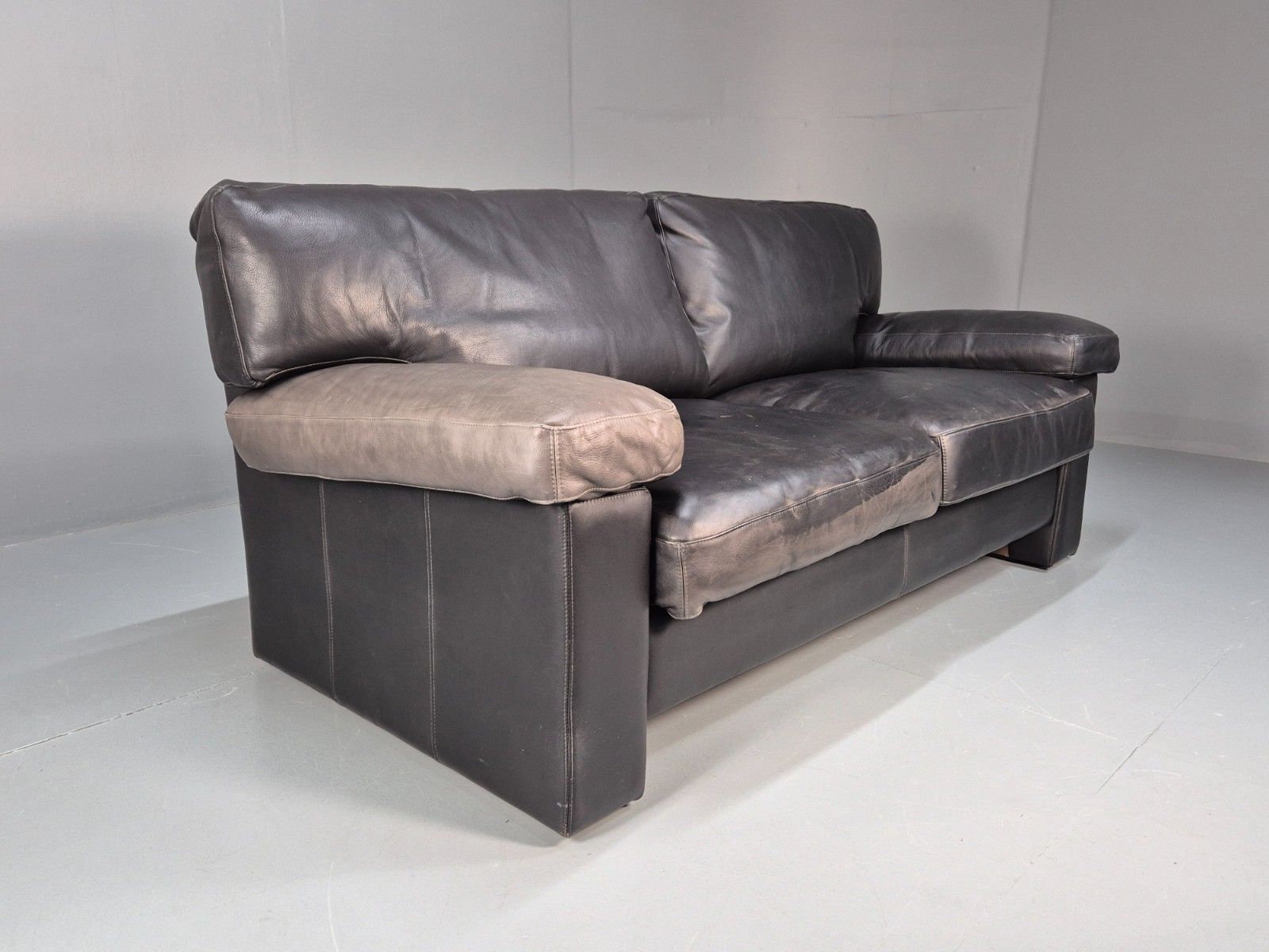 photo for sale 1980s Two Seater Sofa Faded Black Leather Boxy Style Retro Danish Eb10714 M2ss