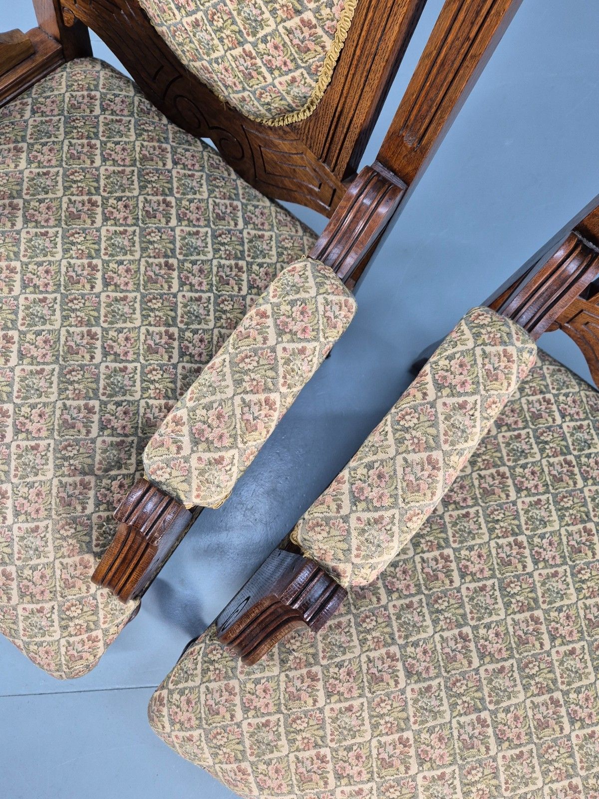 450.0 2 Edwardian Carved Oak Lounge Chairs Embroidery Upholstery 1900s Eb10690 Vcar photo