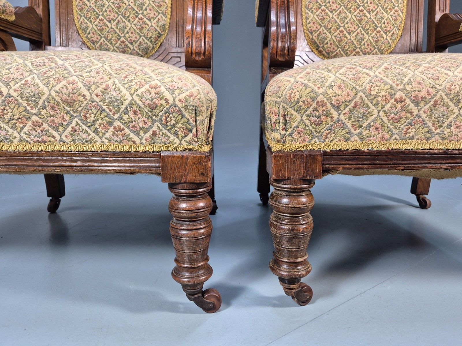 photo vinterior 2 Edwardian Carved Oak Lounge Chairs Embroidery Upholstery 1900s Eb10690 Vcar