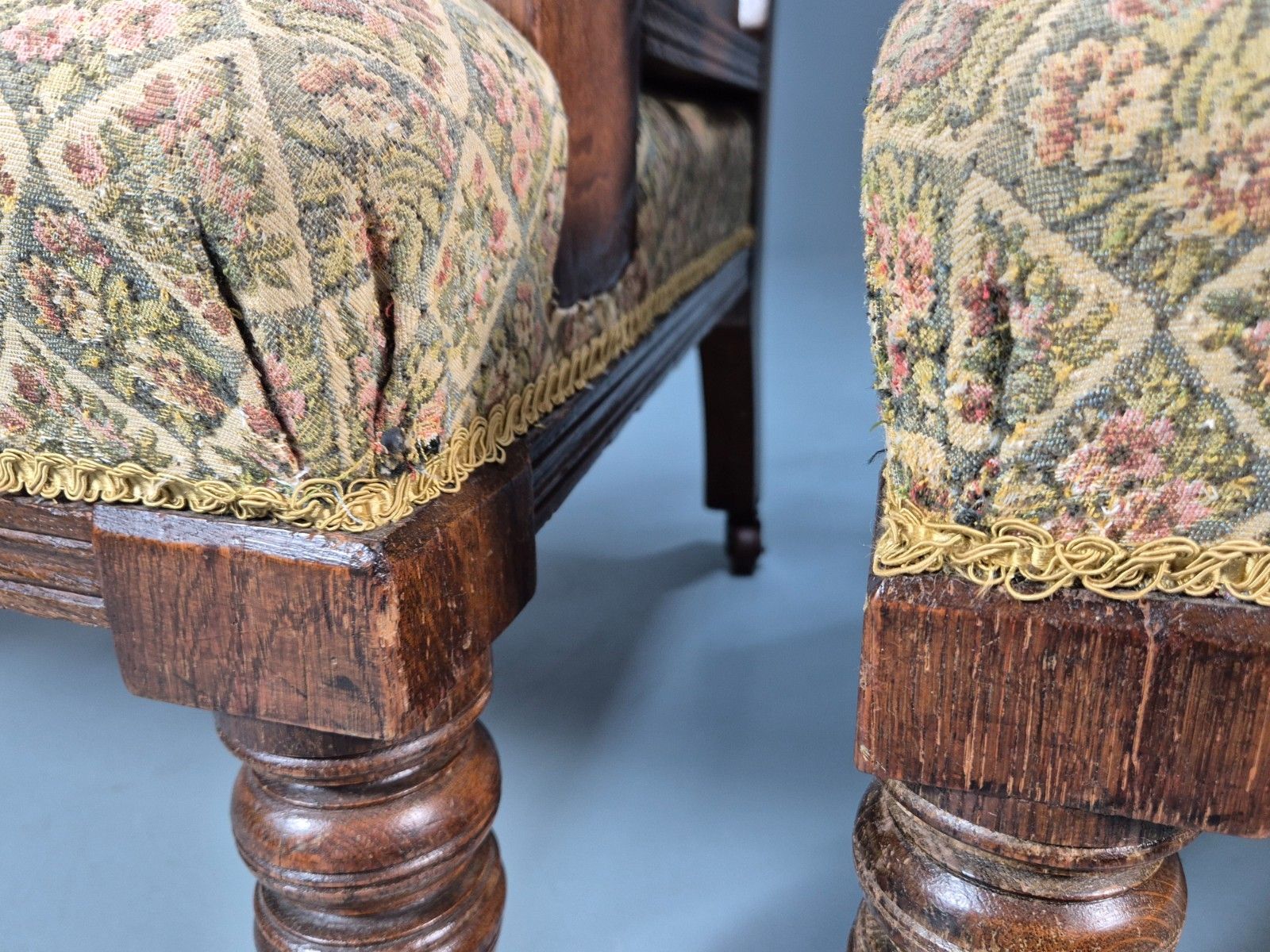 photo buy 2 Edwardian Carved Oak Lounge Chairs Embroidery Upholstery 1900s Eb10690 Vcar
