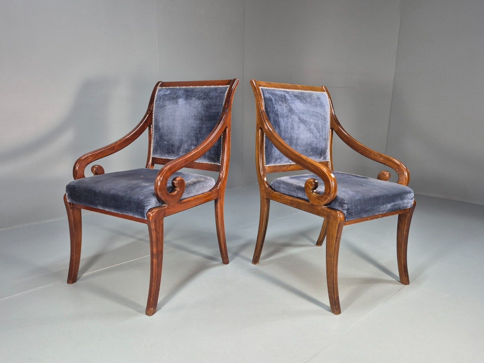 2 Regency Scroll Arm Saloon Chairs 20th Century Reproduction Eb10610 Mnor