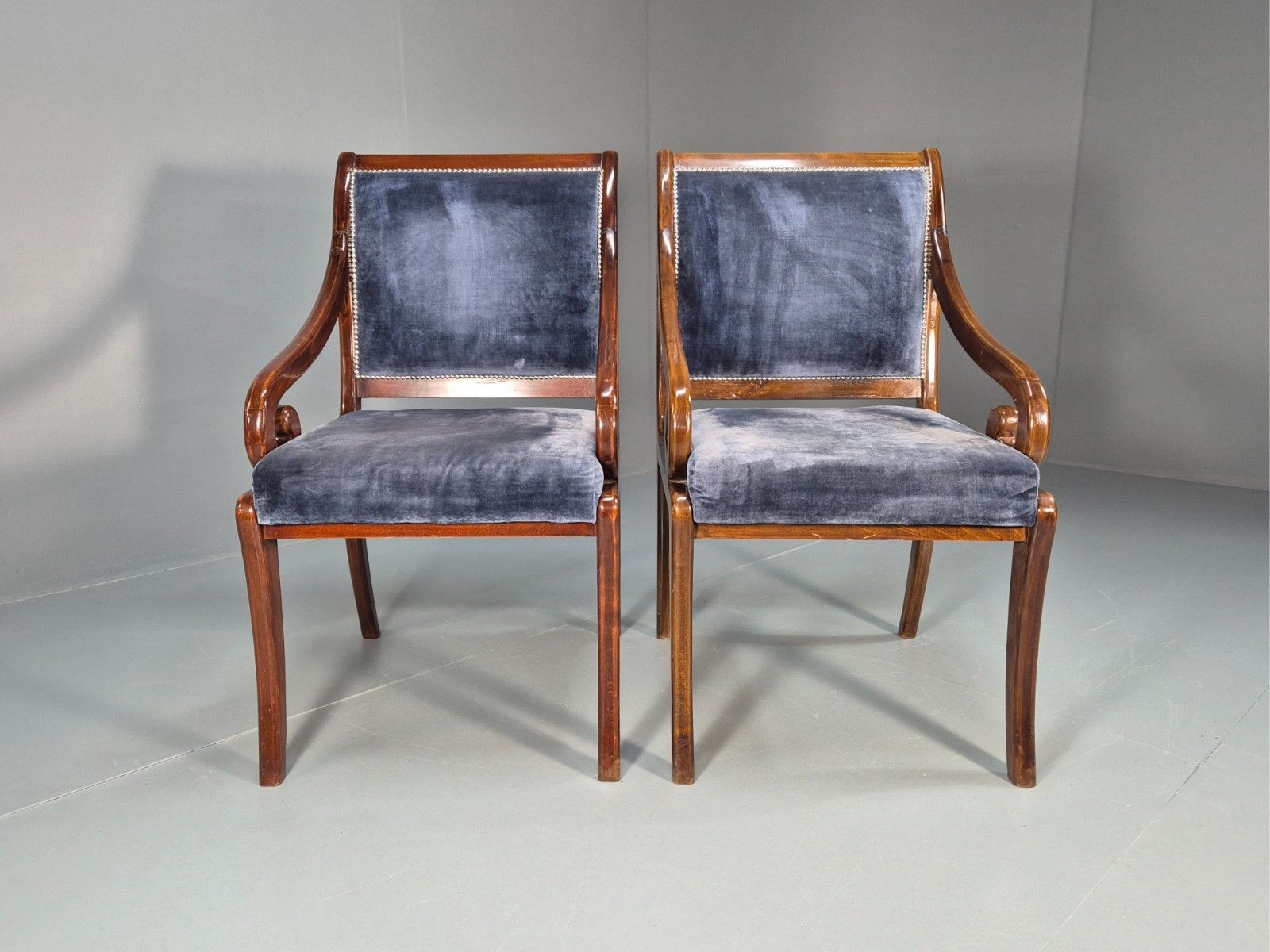 2 Regency Scroll Arm Saloon Chairs 20th Century Reproduction Eb10610 Mnor photo for sale