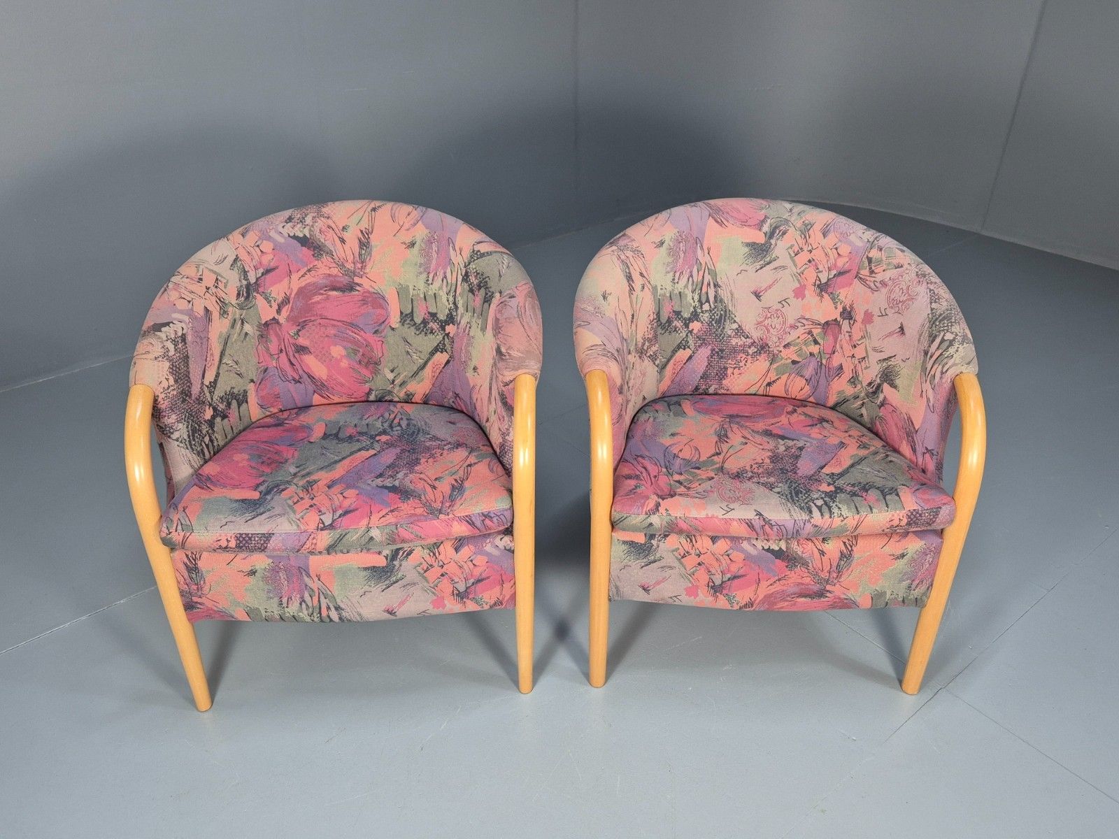 2 Vintage 1980s Stouby Tub Chairs Pink  Green Upholstery Retro Mcm Eb10339 Mnor photo Furniture