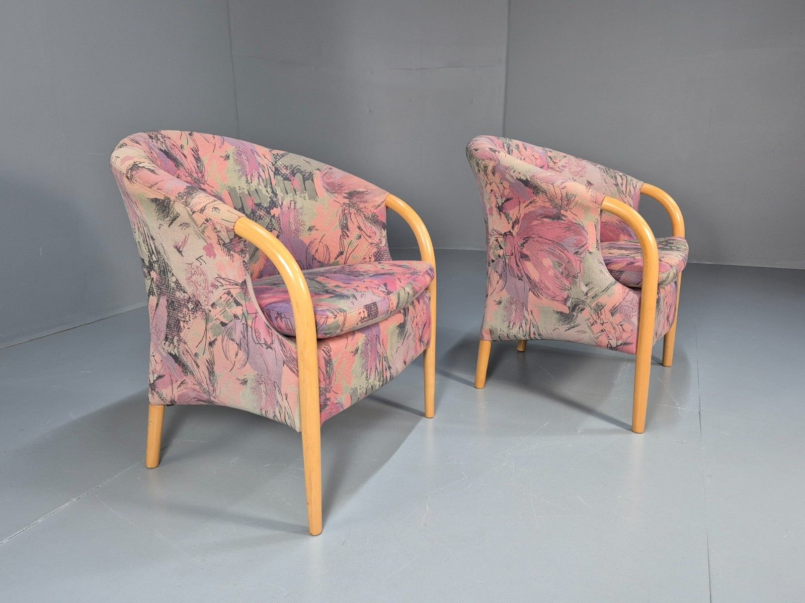 2 Vintage 1980s Stouby Tub Chairs Pink  Green Upholstery Retro Mcm Eb10339 Mnor photo vinterior