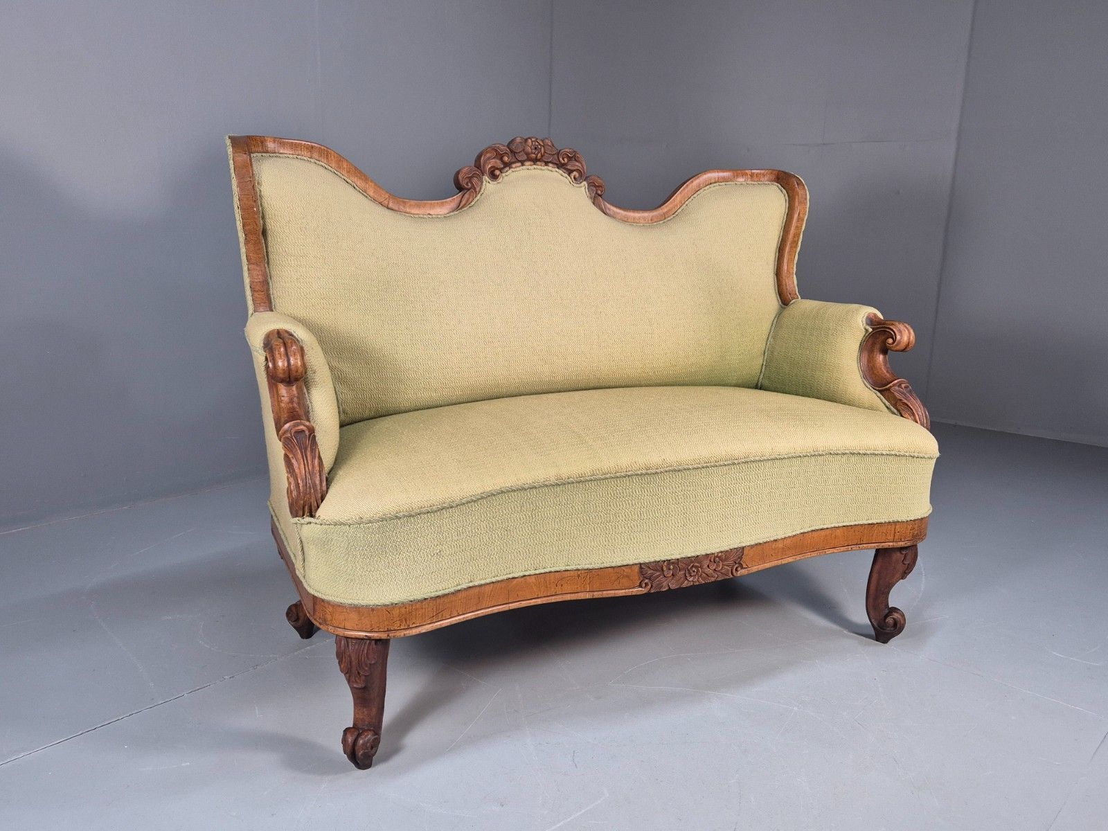 Antique Mahogany Two Seat Sofa Green Fabric Vintage 19th Century Eb9670 V2ss