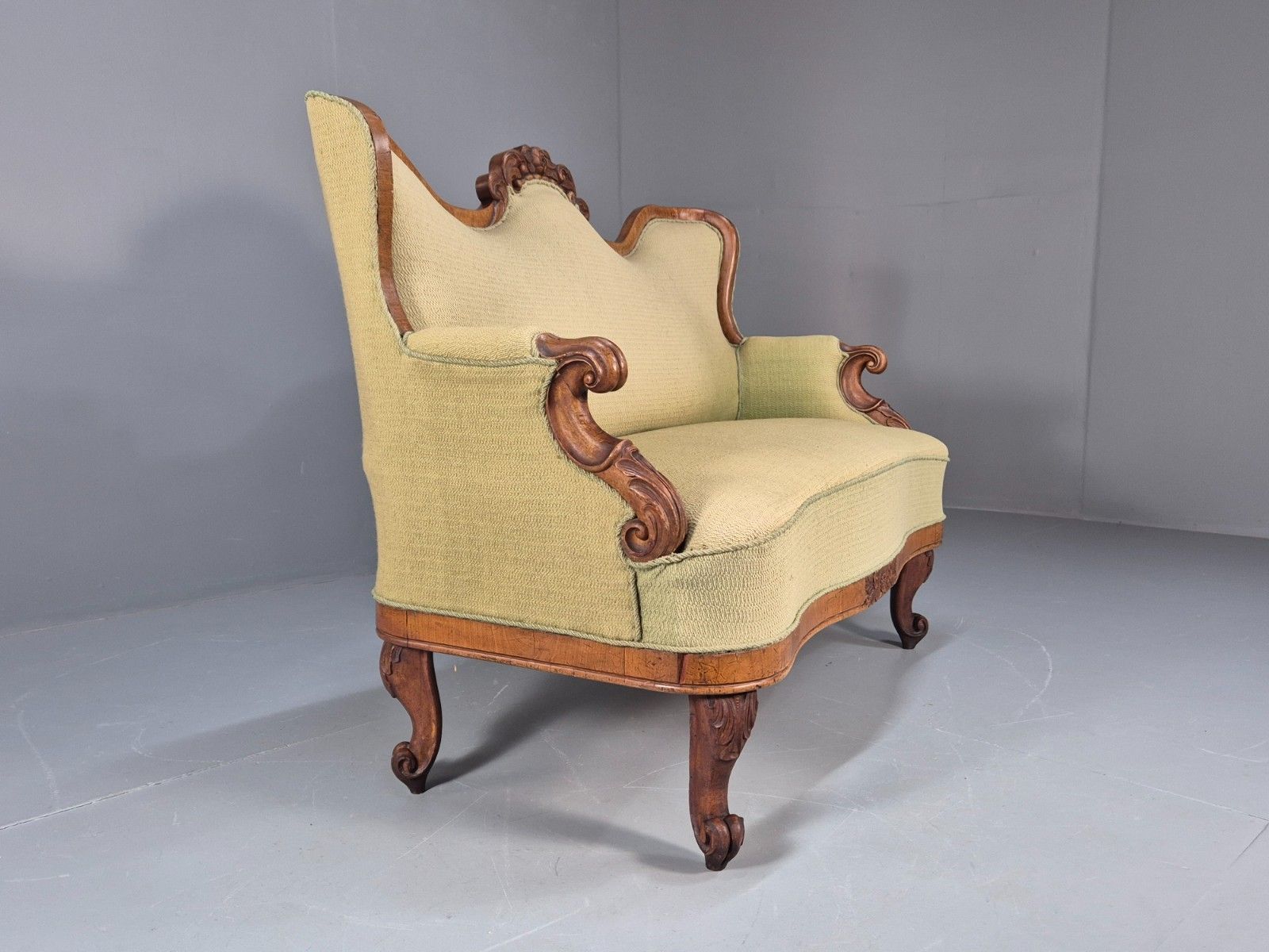 photo furniture Antique Mahogany Two Seat Sofa Green Fabric Vintage 19th Century Eb9670 V2ss
