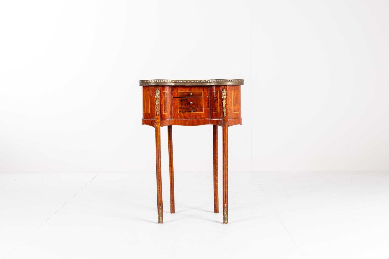 Vintage Louis XV Style Side Table With Brass Gallery And Marquetry, 20th Century