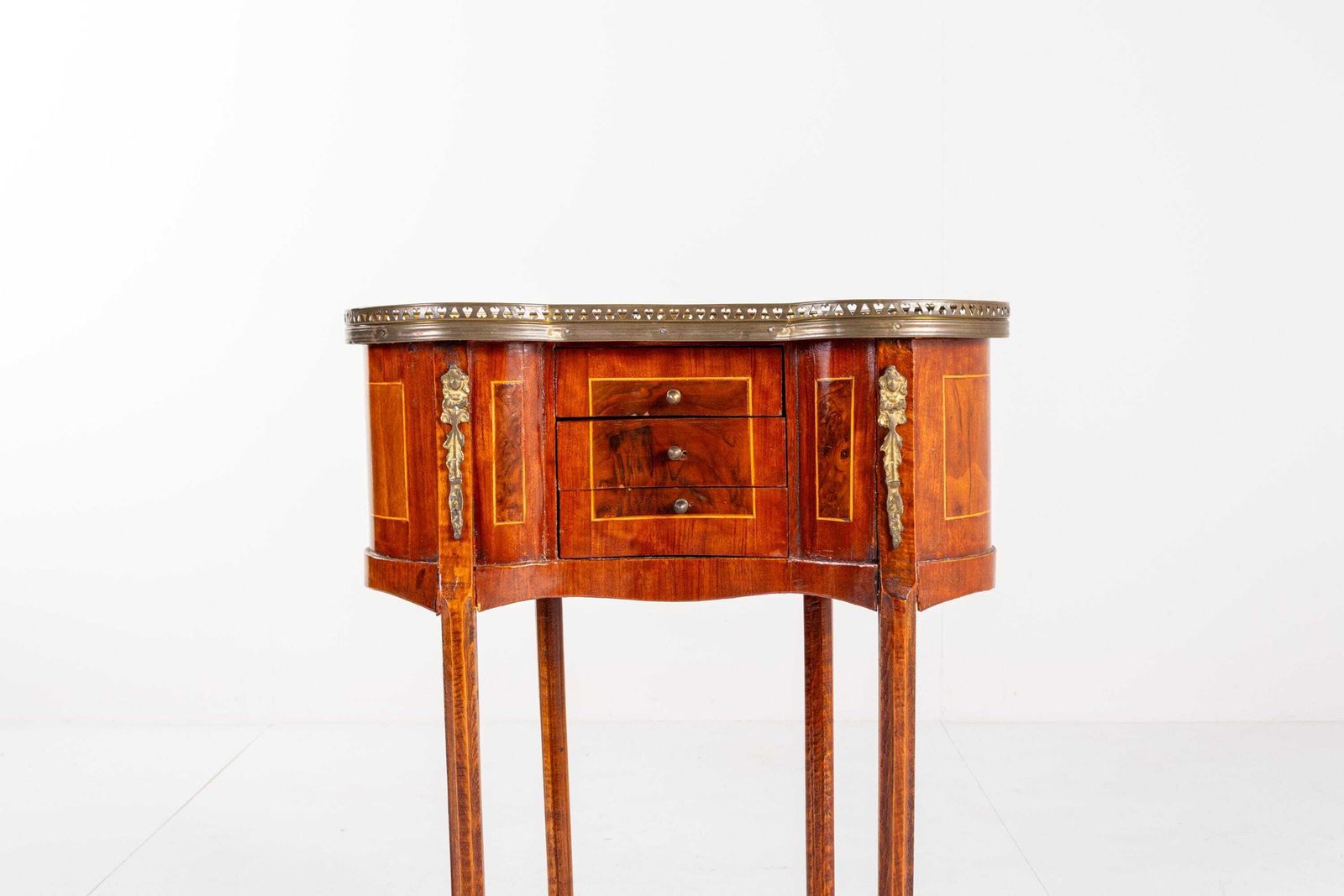 Vintage Louis XV Style Side Table With Brass Gallery And Marquetry, 20th Century photo for sale