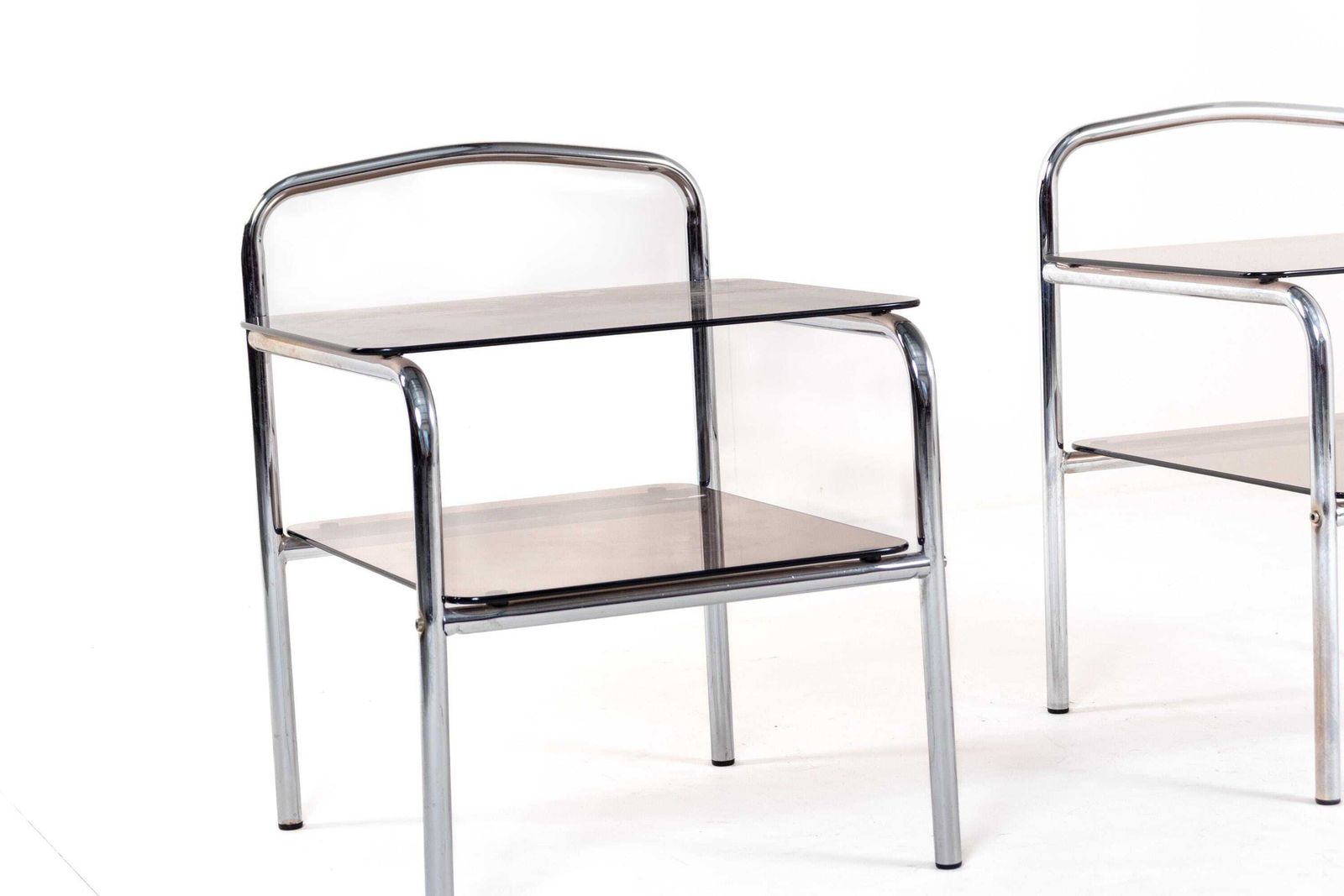 Pair Of Vintage Chrome And Smoked Glass Side Tables, 1970s Modernist Nightstands / Bedside Tables photo 442.0
