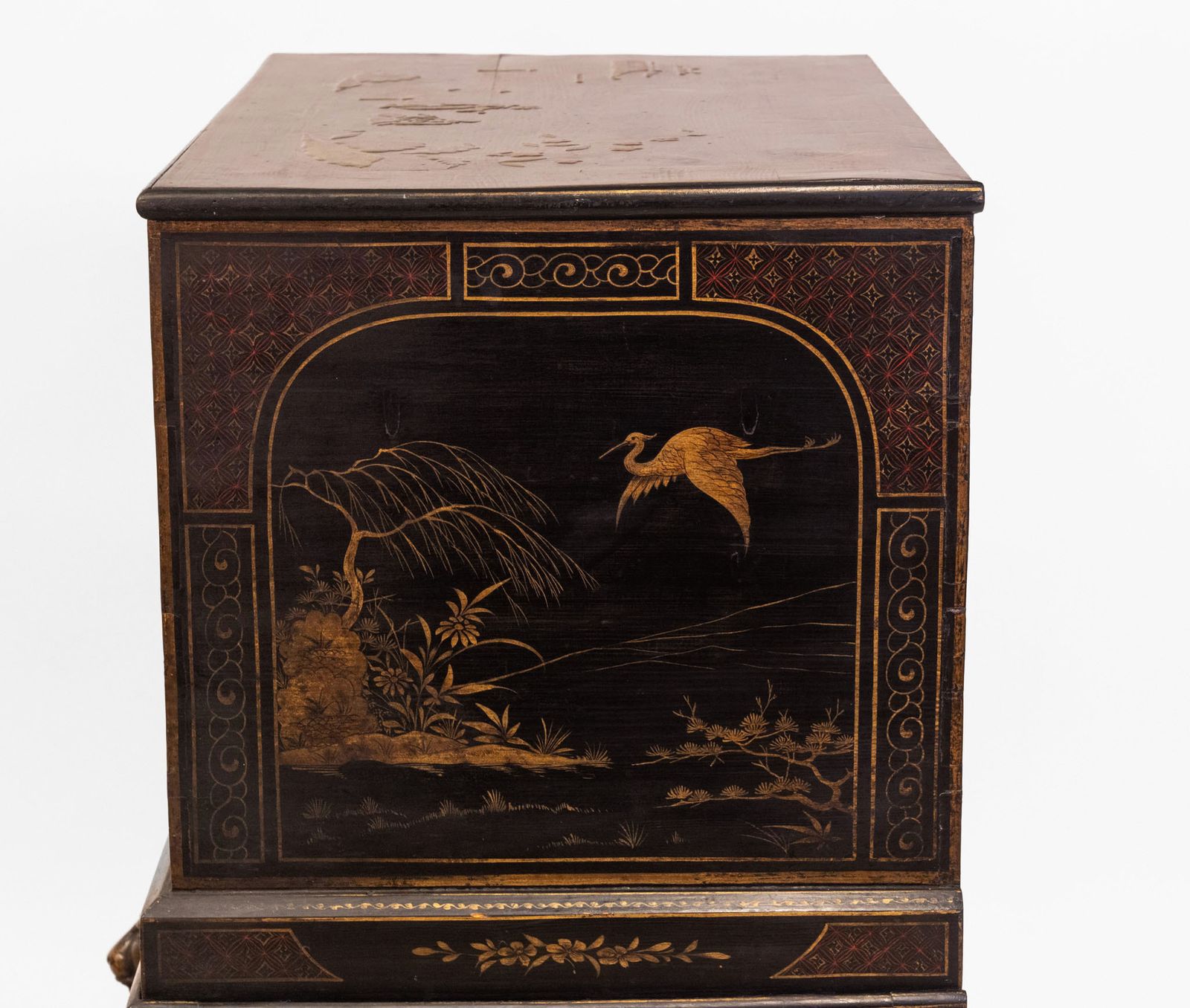 Early 20th Century Black & Gilt Japanned Chinoiserie Chest On Stand photo vintage