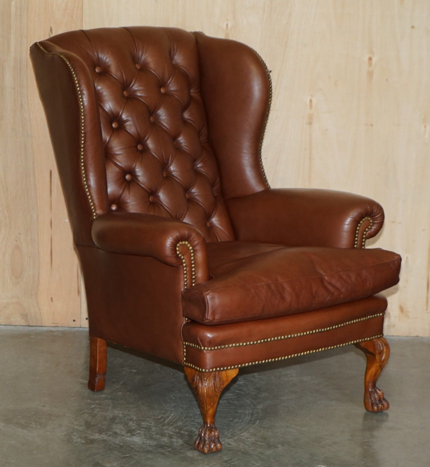 Stunning Pair Of Lion's Hairy Paw Feet Chesterfield Tufted Wingback Armchairs photo for sale