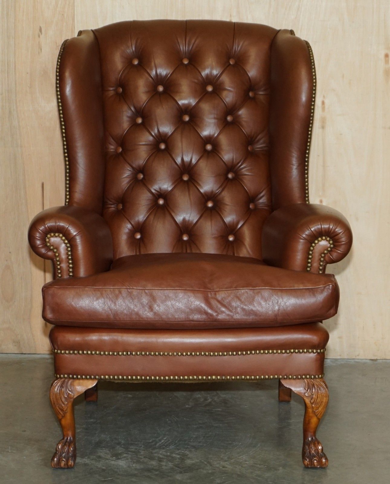 Stunning Pair Of Lion's Hairy Paw Feet Chesterfield Tufted Wingback Armchairs photo Furniture